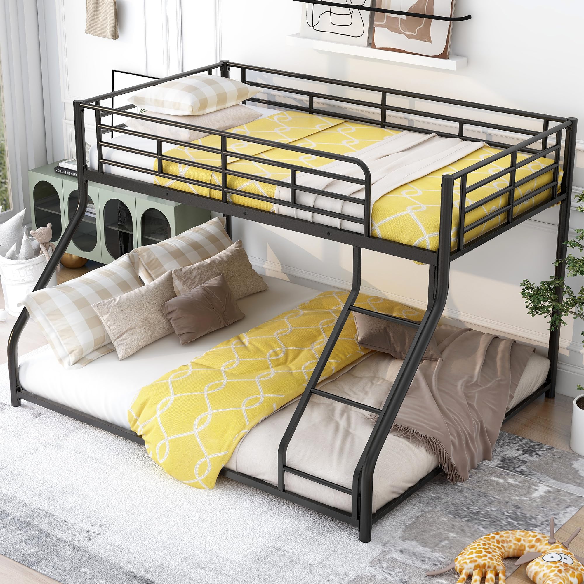 Merax Metal Floor Bunk Bed, Twin XL Over Queen, Black,82.4''L x 62.4''W x 53.7''H