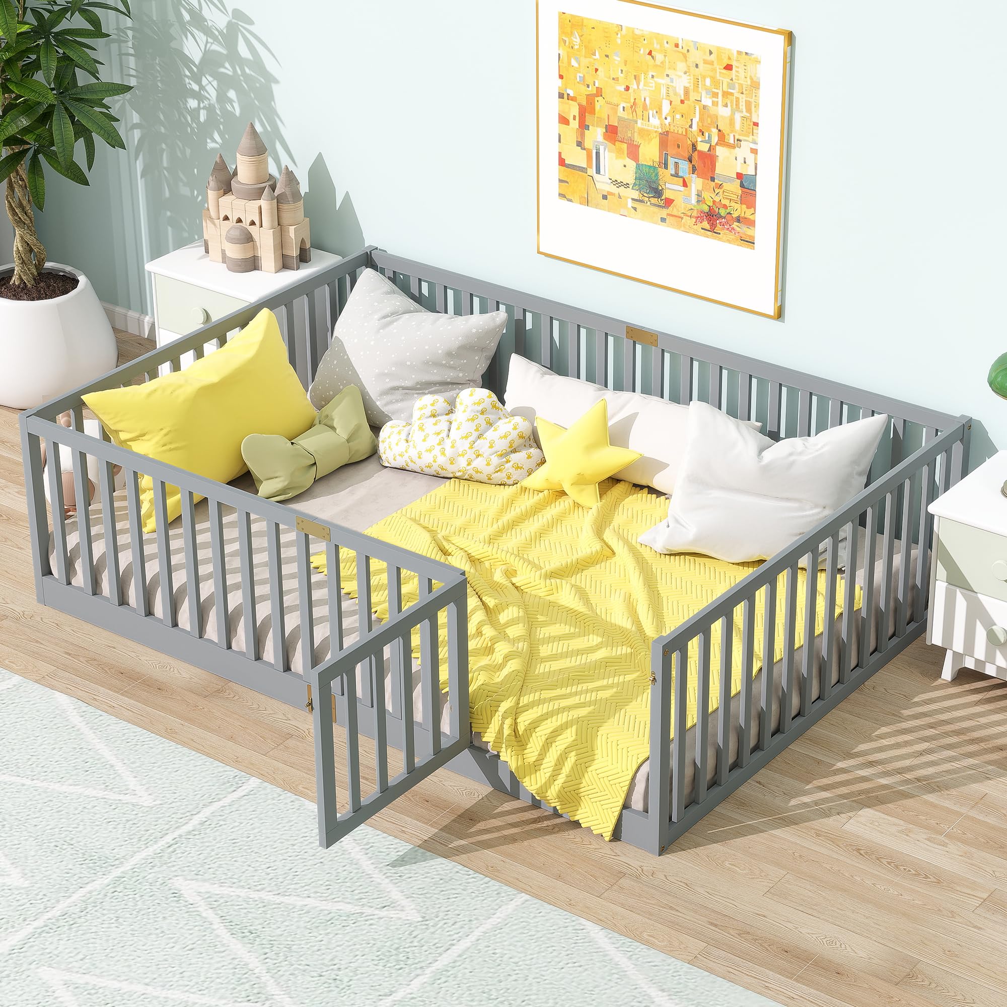 KEIKI Full Floor Bed Frame with High Fence Guardrail, Solid Wood Montessori Kids Bed, Pine Wood Platform Floor Bed with Storage Racks, White