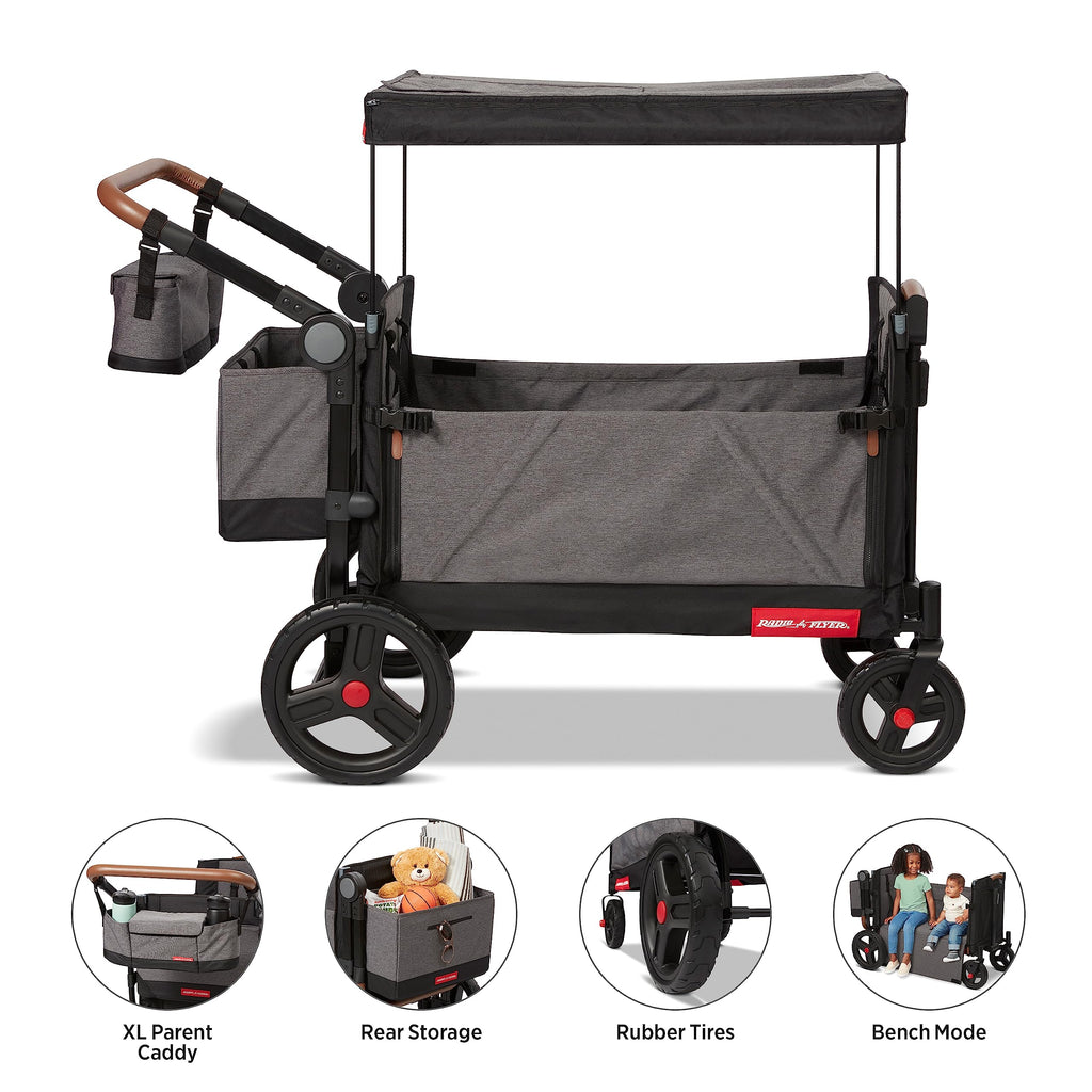 Radio Flyer Atlas Stroll 'N Wagon, Atlas Gray, for Ages 1+, 3-in-1 Push or Pull Versatility, One-Hand Fold, UV Canopy, 5-Point Harnesses, Storage Capabilities, Rubber Wheels, Stroller Wagon for Kids