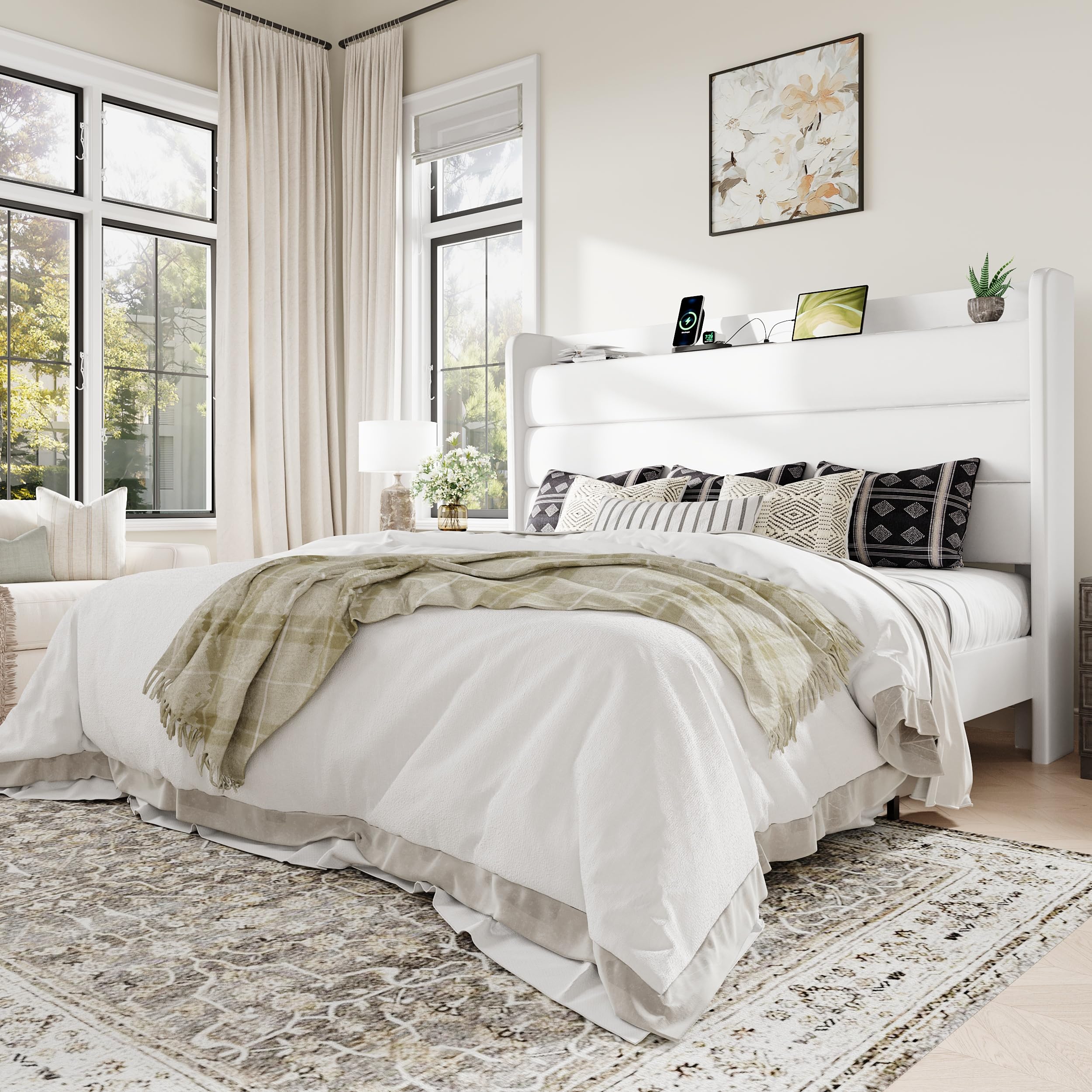 Allewie King Size Upholstered Bed Frame with Charging Station & Storage Headboard, Soft Velvet Wingback Platform Bed, Strong Wooden Slats Support, No Box Spring Needed, Easy Assembly, White