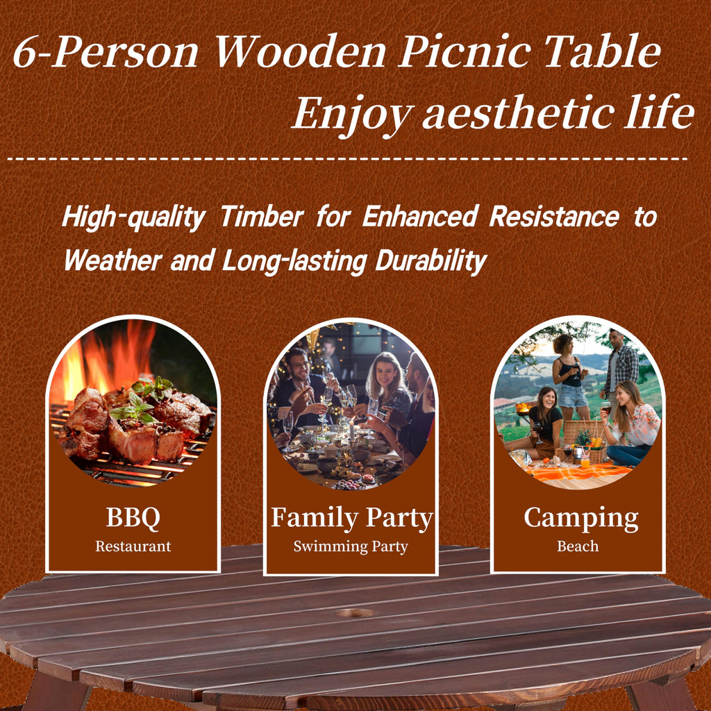 Royard Oaktree 6 Person Wooden Picnic Table, Outdoor Round Picnic Table with 3 Built-in Benches and Umbrella Hole, Outside Table and Bench Set for Backyard, Garden, Porch, Patio, Brown