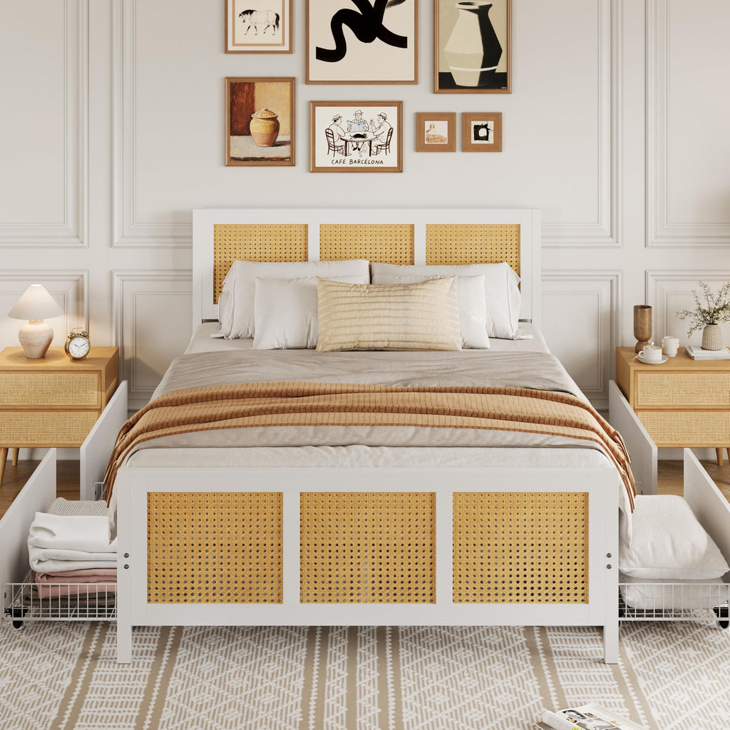 Garvee Rattan Queen Bed Frame with LED Headboard (7 Colors), Boho Cane Platform Bed with 4 Large Drawers, Strong Metal Slats Support, Noise Free, No Box Spring Needed, Easy Assembly, White