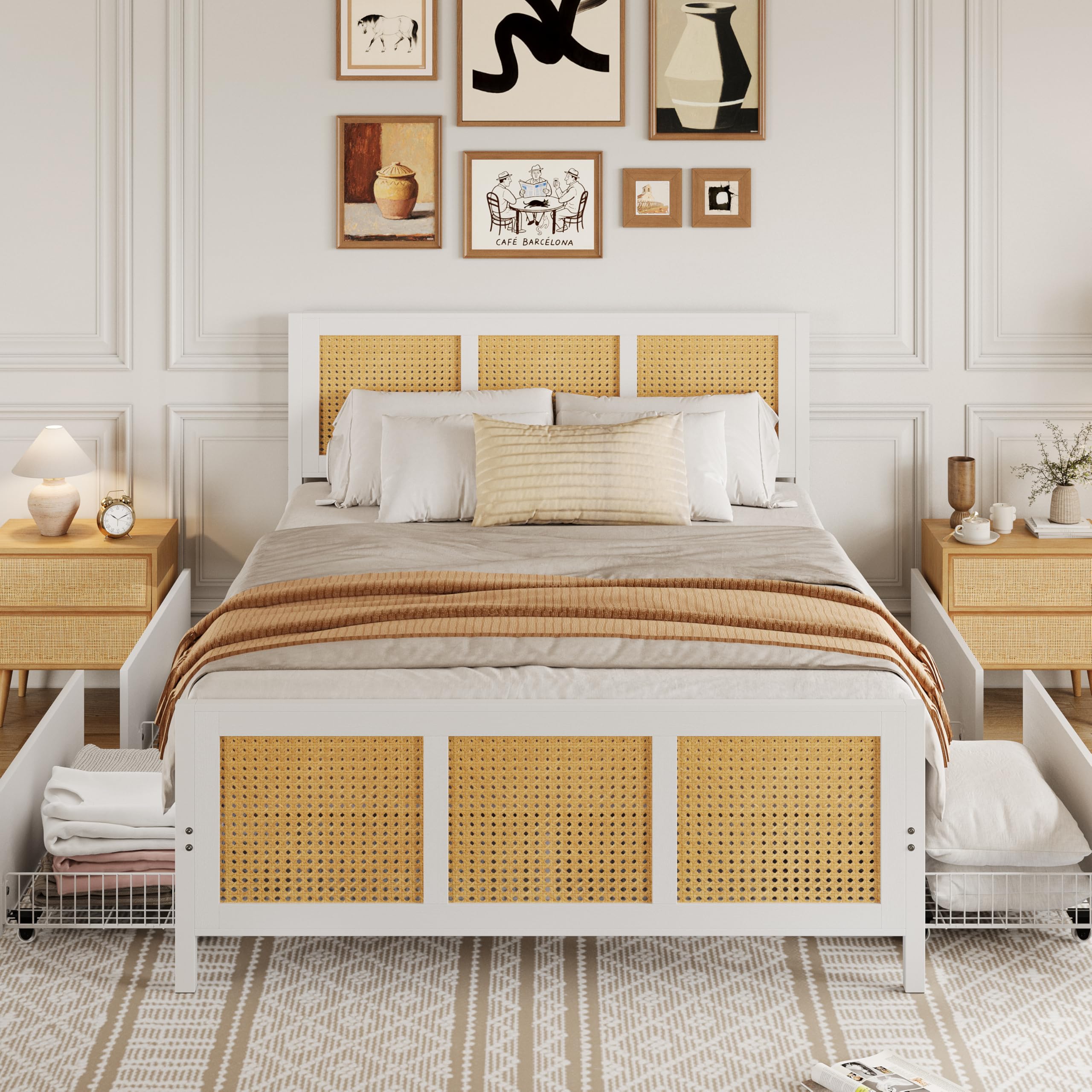 Garvee Rattan Queen Bed Frame with LED Headboard (7 Colors), Boho Cane Platform Bed with 4 Large Drawers, Strong Metal Slats Support, Noise Free, No Box Spring Needed, Easy Assembly, White