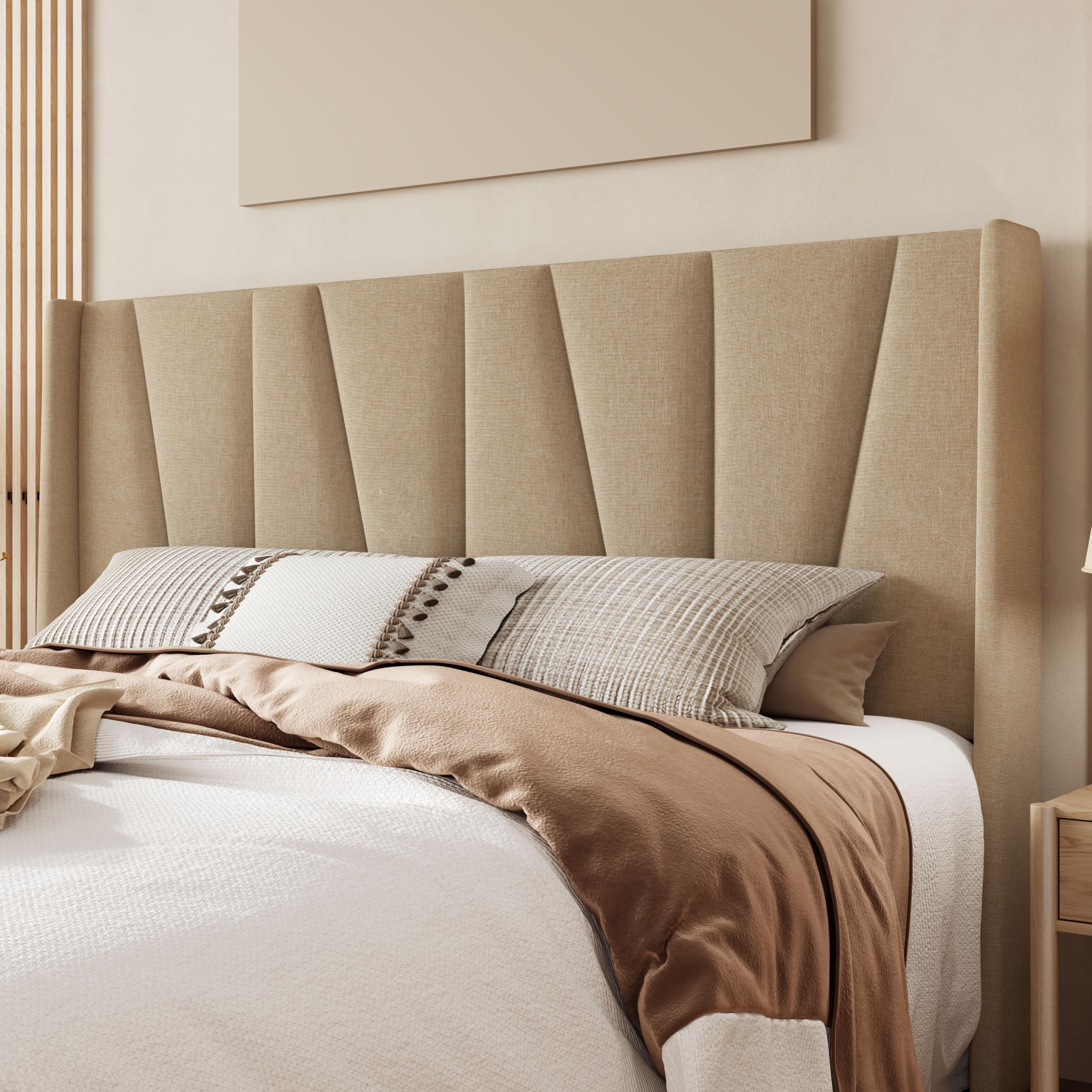 Allewie King Size Platform Bed Frame with Geometric Wingback Headboard, Boho Upholstered Bed with Wooden Slats Support, No Box Spring Needed, Easy Assembly, Beige