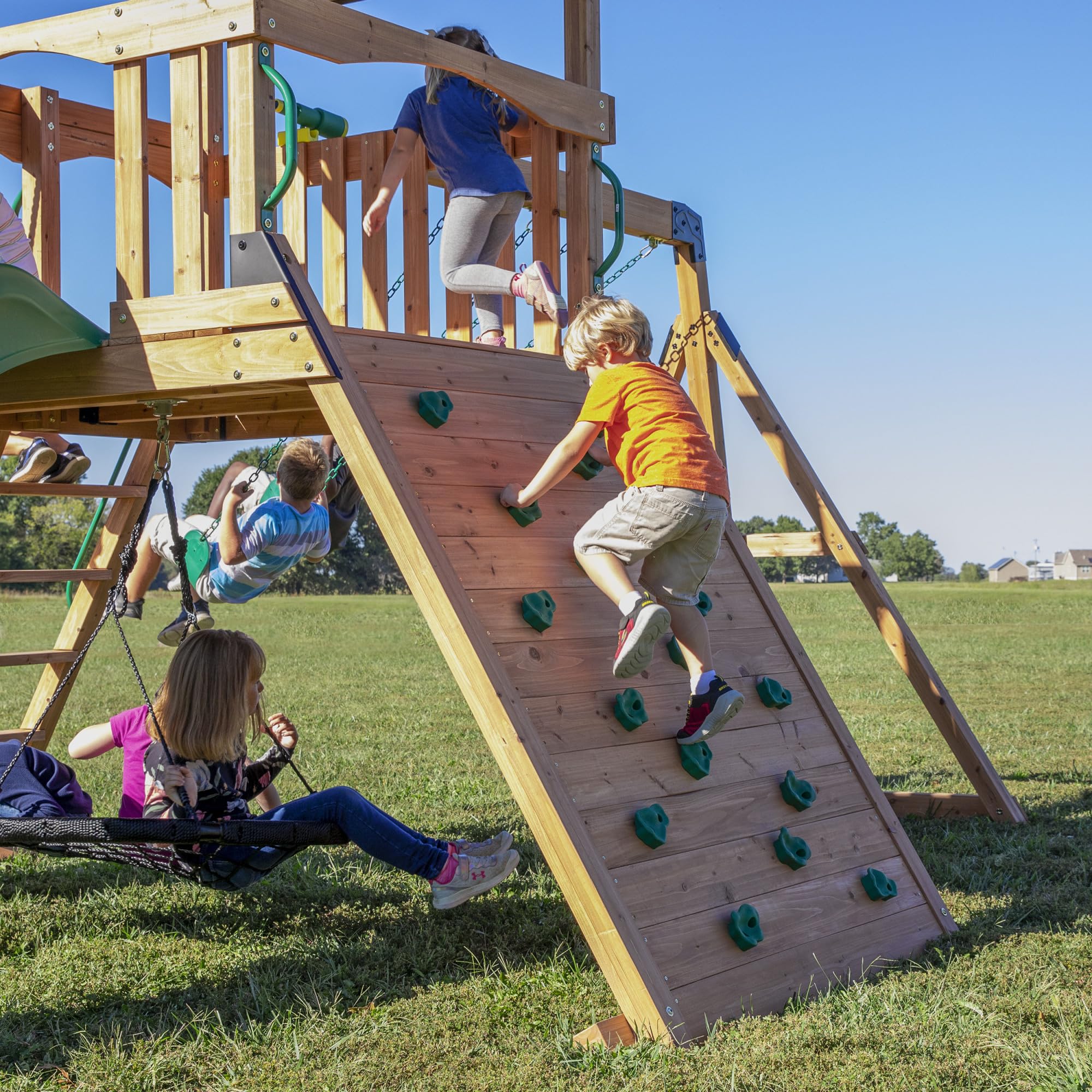 Backyard Discovery Endeavor All Cedar Wood Swing Set Playset for Backyard with Large Clubhouse Wave Slide Rope Ladder Rock Climbing Wall Wave Slide 2 Belt Swings and 1 Web Swing Gift for Ages 3-10