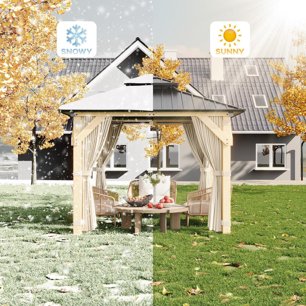 10x10 FT Outdoor Hardtop Wood Gazebo with Cedar Frame, Double Galvanized Steel Roof, Patio Pavilion with Curtains, Mesh Netting & Ceiling Hook for Backyard, Deck, Lawn, Garden