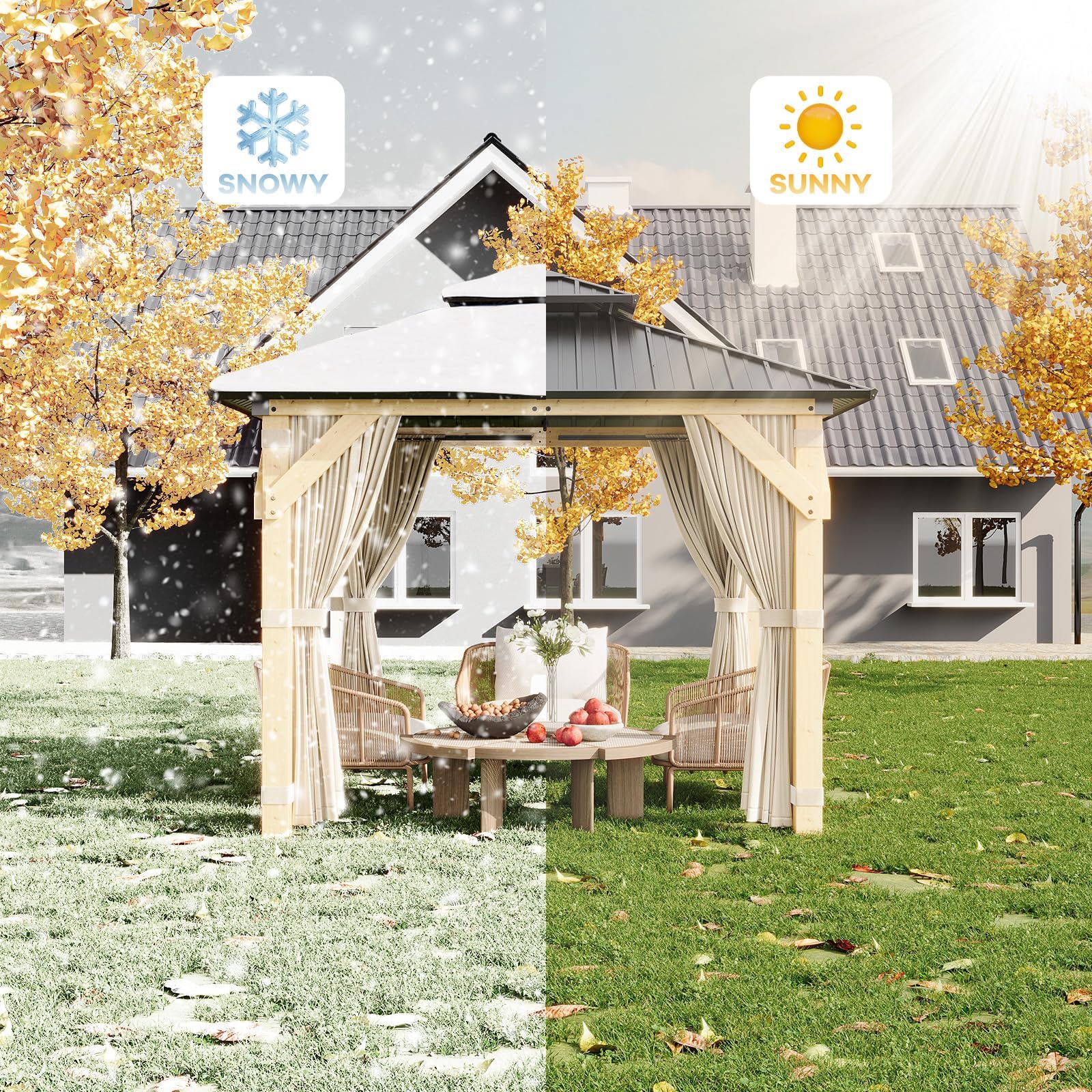 10x10 FT Outdoor Hardtop Wood Gazebo with Cedar Frame, Double Galvanized Steel Roof, Patio Pavilion with Curtains, Mesh Netting & Ceiling Hook for Backyard, Deck, Lawn, Garden