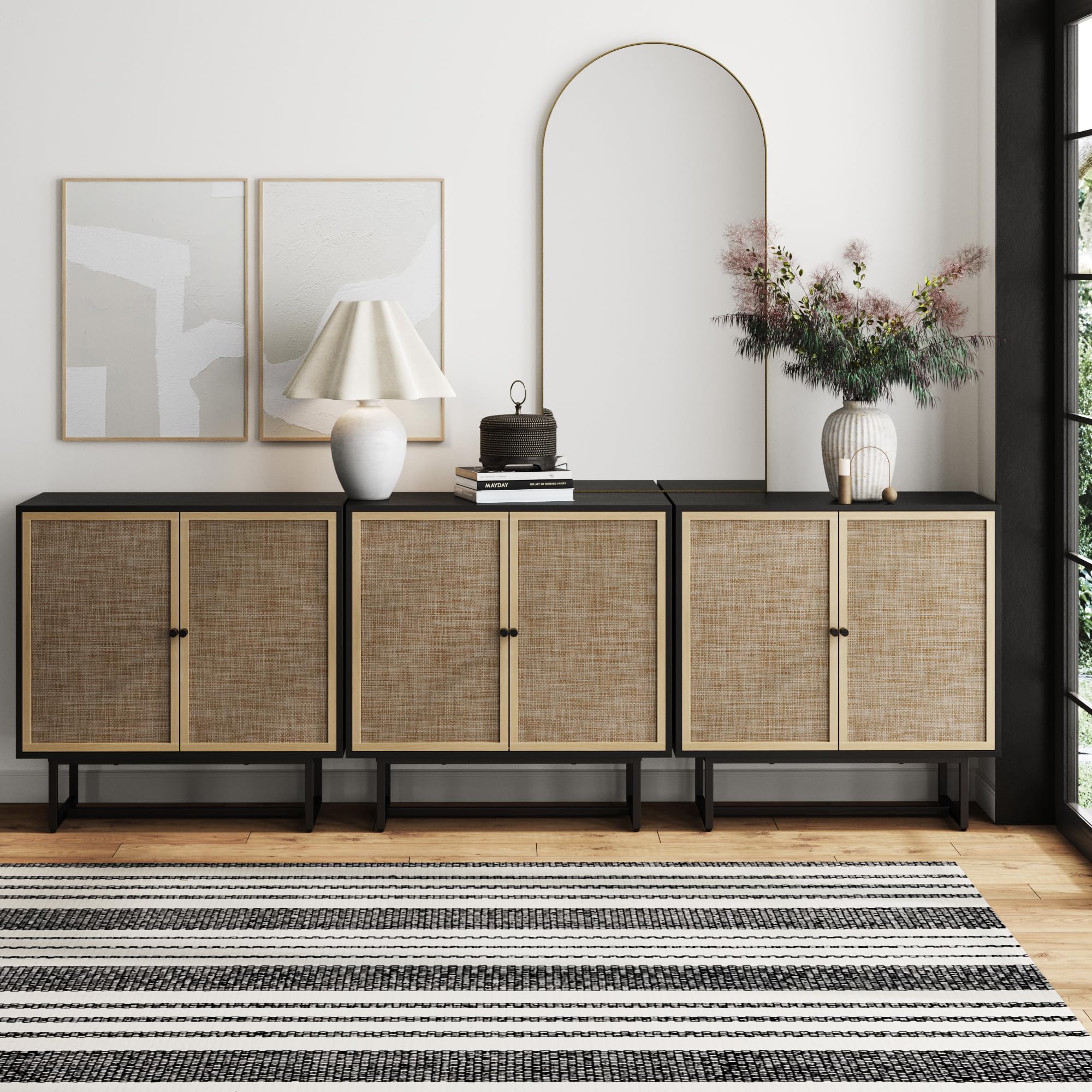 Nathan James Kova Rattan Wood Accent Sideboard Storage Cabinet TV Stand with Matte Metal Frame, Adjustable Shelves and Cane Doors, for Hallway, Entryway or Living Room, Black Oak/Cane, Set of 3