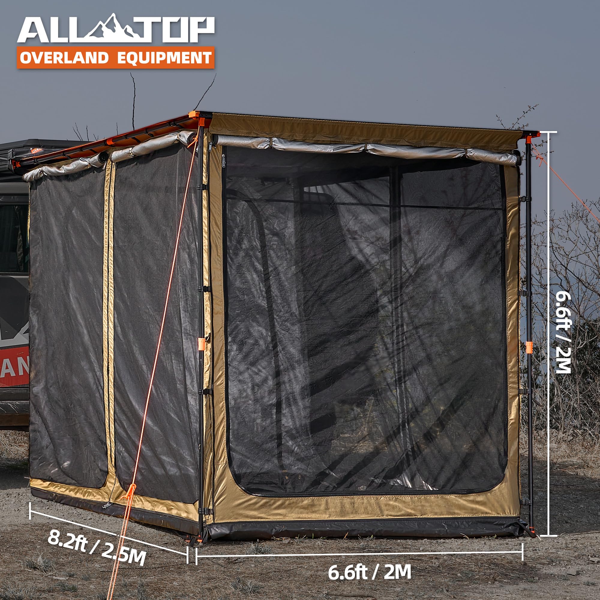 ALL-TOP Awning Room with Floor 6.6' x 8.2' Rip-Stop 420D Oxford Awning Tent with Bug-Resistance Mesh, Waterproof Sun Shelter for Overland, Camping(Room Only)