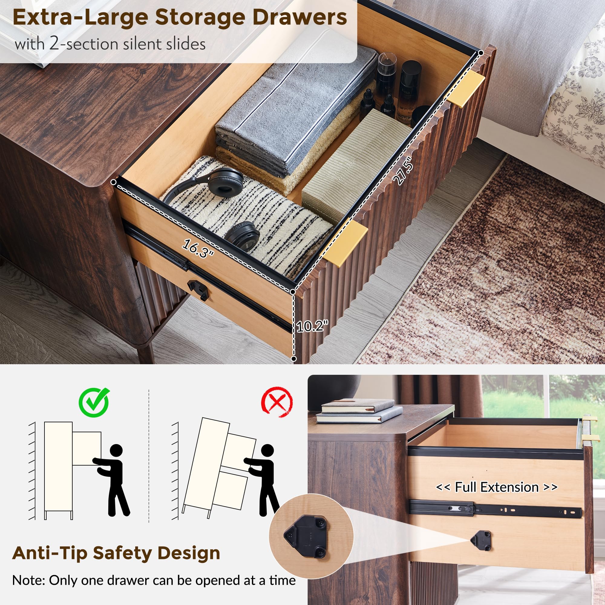 T4TREAM 2 Drawer File Cabinet, 32" Fluted Lateral File Cabinet w/Files Hanging Rod for Letter/Legal/A4, Large Tabletop for Printer, Office Wood Printer Cabinets, Dark Walnut (Gen 2)