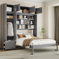 Merax Queen Size Murphy Bed with Shelves, Top Cabinet and Wardrobe, Fold into The Wall, Multifunctional Foldable Platform Bed Frame for Bedroom, Guest Room, Home Office, Space-Saving Design, Gray