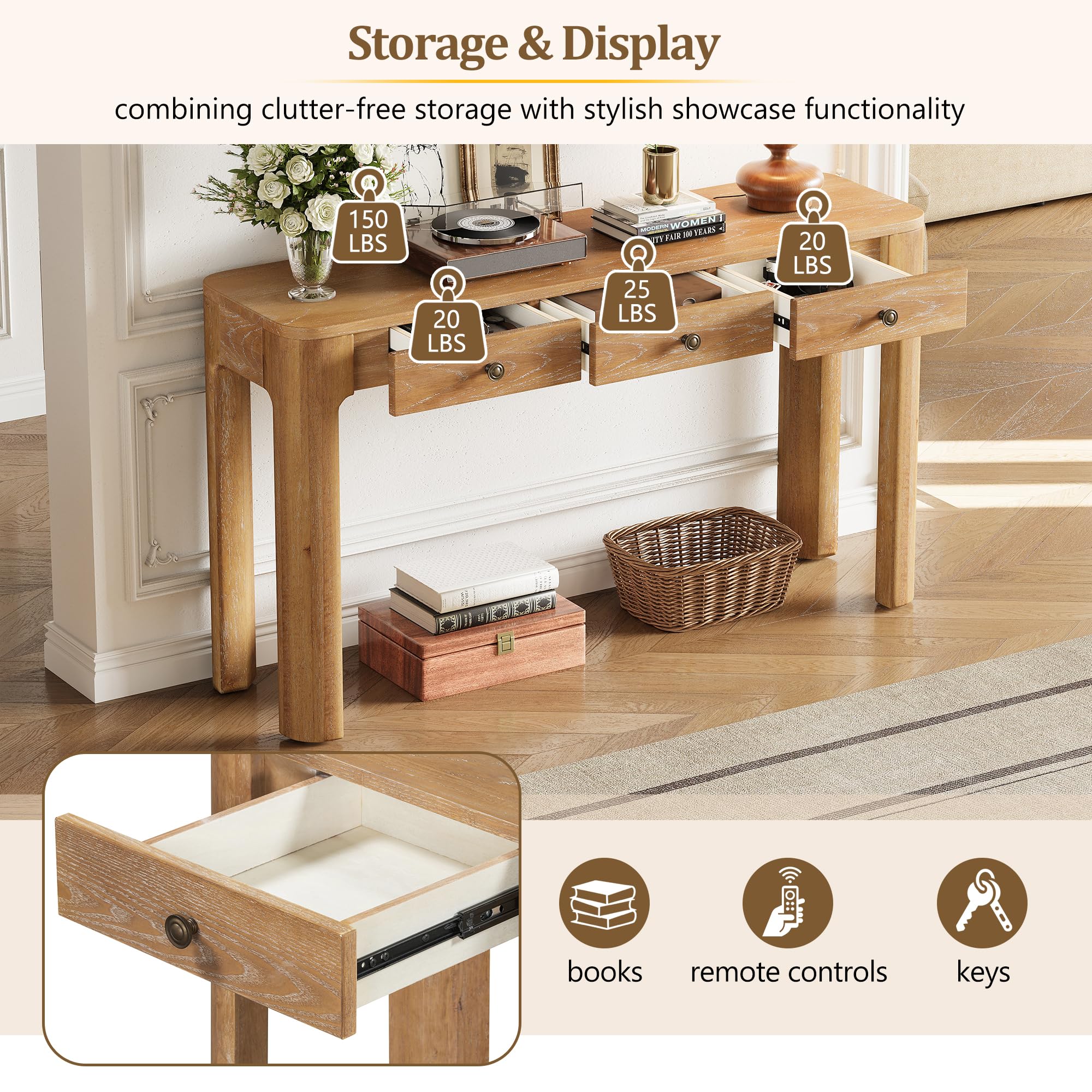 Merax 52" Console Table with 3 Drawers, Rustic Entryway Table with Curved Corners, Narrow Long Sofa Table for Living Room, Hallway, Entrance, Behind Couch, Foyer, Sturdy Thick Legs, Natural