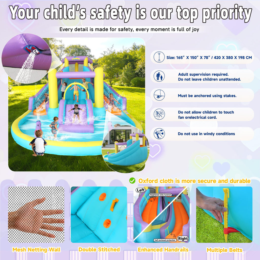 7-in-1 Inflatable Water Slide Bounce House with 3 Slides, Splash Pool, Climbing Wall, Water Gun & Basketball – for Kids Aged 3-10, 520W Blower, 168 x 150 x 78 Inches, Outdoor Backyard Fun