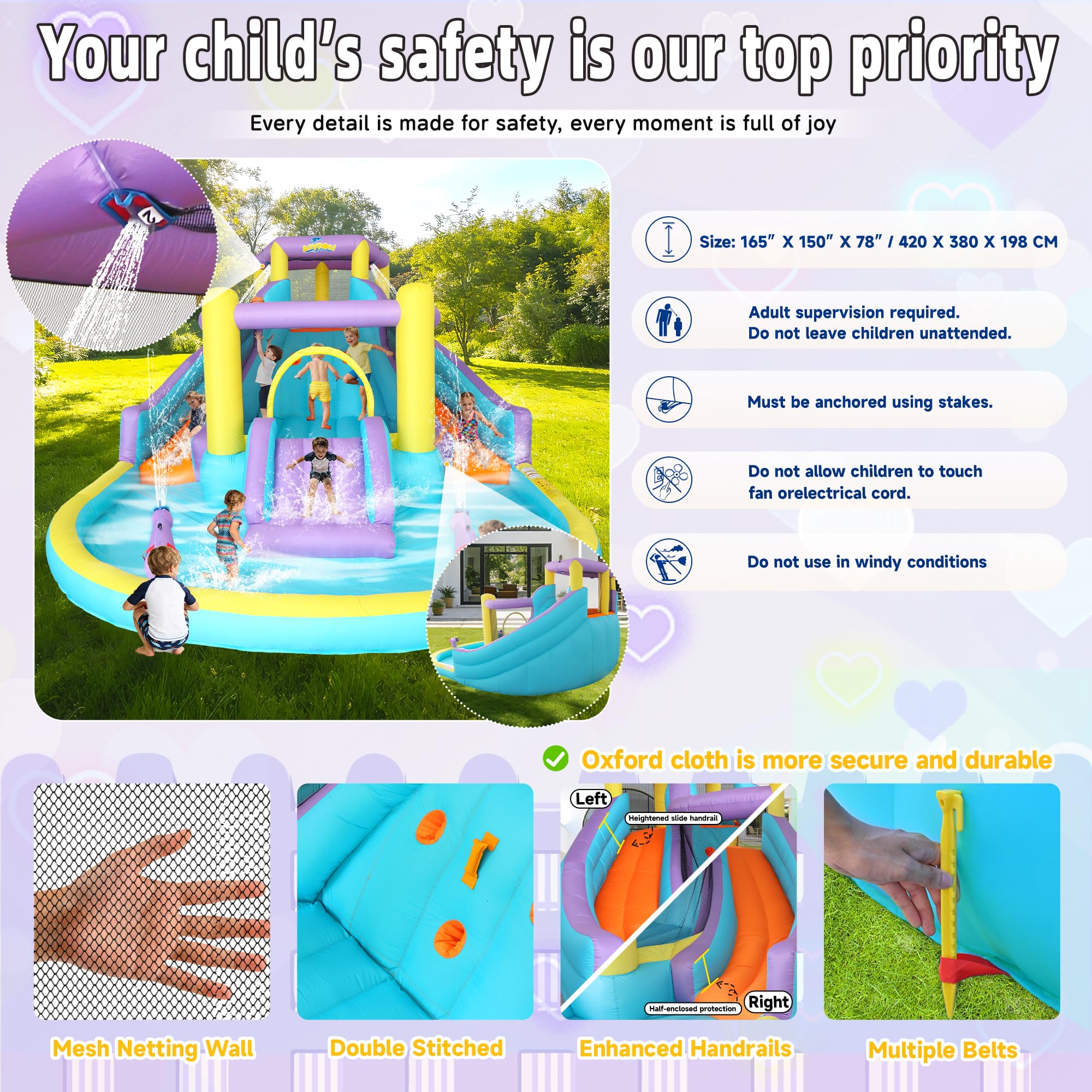 7-in-1 Inflatable Water Slide Bounce House with 3 Slides, Splash Pool, Climbing Wall, Water Gun & Basketball – for Kids Aged 3-10, 520W Blower, 168 x 150 x 78 Inches, Outdoor Backyard Fun