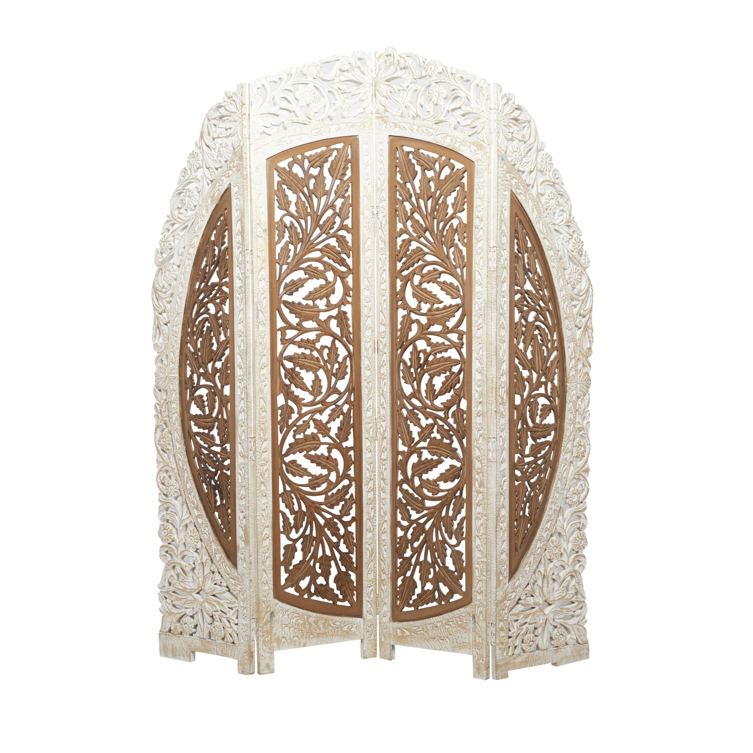 Deco 79 Mango Wood Floral Handmade Partition Room Divider Screen Foldable Arched Partition 4 Panel Privacy Screen with Intricately Carved Designs, Room Partition 62" x 1" x 72", Brown