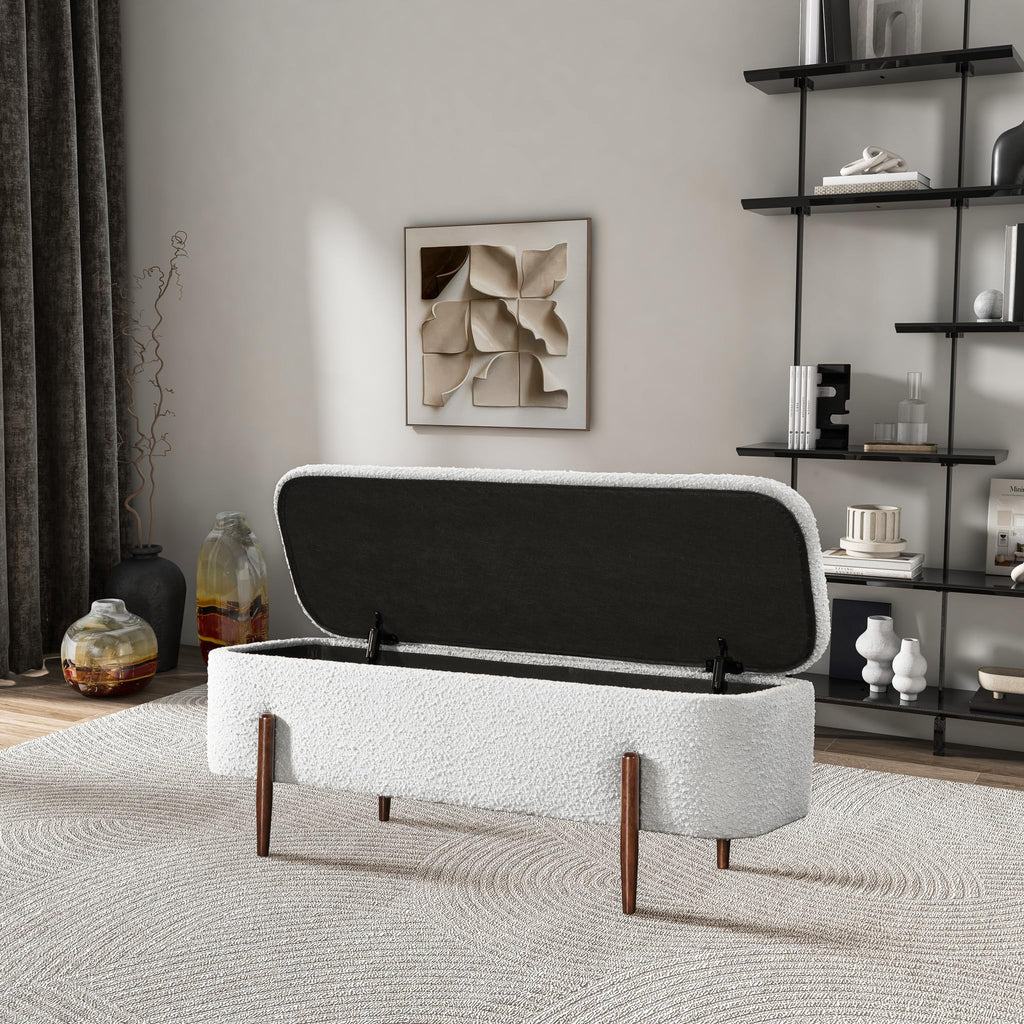 GDFStudio Sarna 48" Mid-Century Modern Storage Ottoman Bench, Lift-Top Curve Rectangle Ottoman Pouf with Solid Wood Legs, Boucle Upholstered Large Footrest, Coffee Table Ottoman for Living Room, Ivory