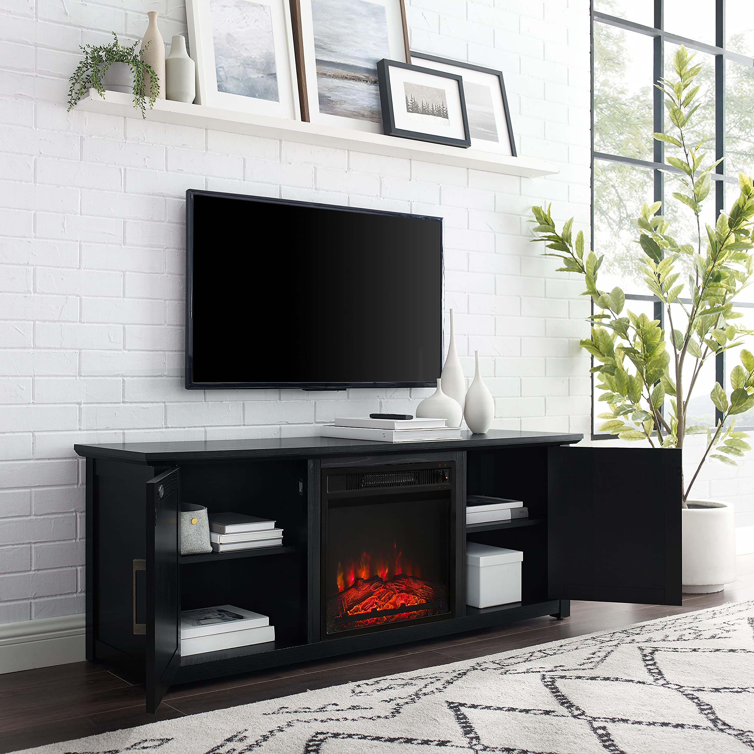 Crosley Furniture Camden Low Profile Fireplace TV Stand for 65+ inch TVs, Entertainment Center with Shelves, Black