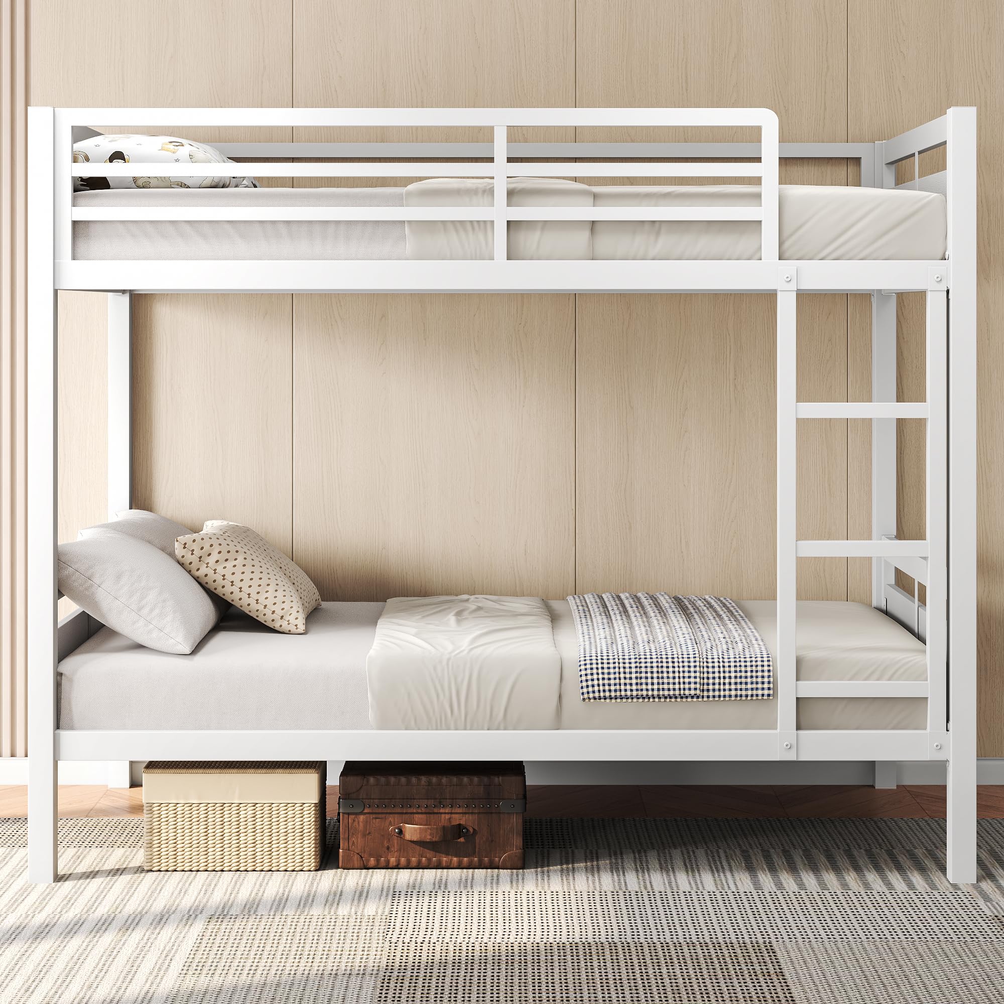Feonase Metal Bunk Bed Twin Over Twin with Ladder and High Guardrail, Heavy-Duty Metal Slats Support, Noise Free, No Box Spring Needed, for Kids and Juniors, Black