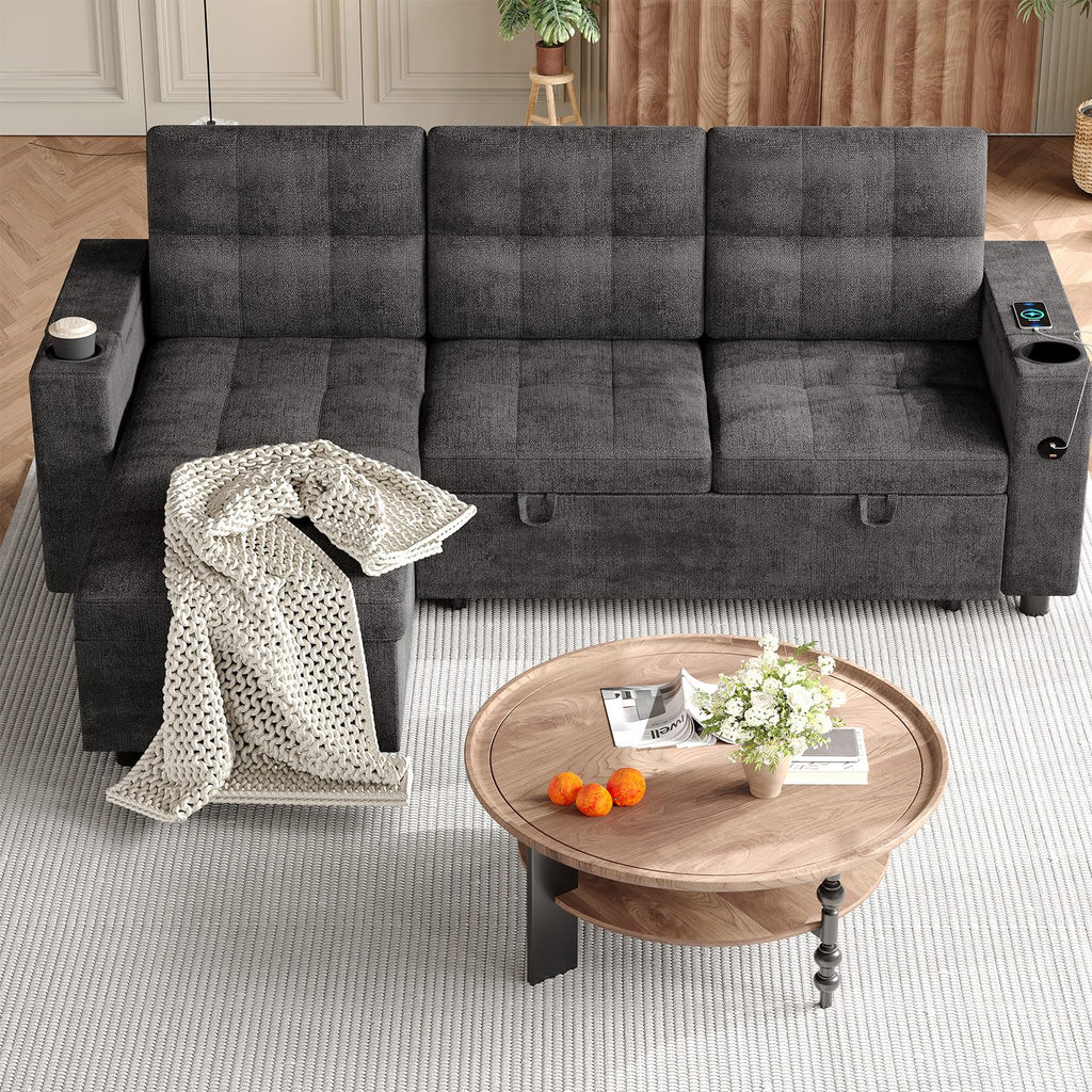 GarveeLife Couches for Living Room, 84'' L-Shaped Sectional Sleeper Sofa with Pull Out Bed, Comfy Sofa Bed with Charging Ports and Storage Armrests, Dark Grey