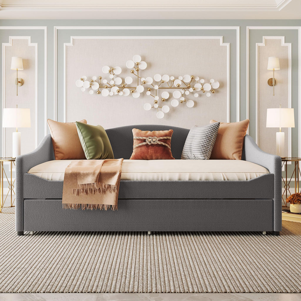 Merax Full Size Upholstered Daybed with Light and Trundle, Gray Teddy Fleece Sofa Bed Modern Wooden Platform Bed Frame for Bedroom, Living Room, Guest Room, Apartment