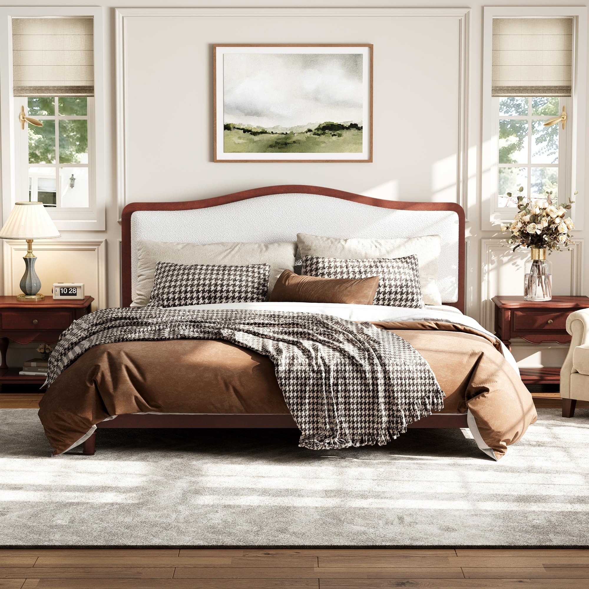 Merax King Size Upholstered Platform Bed Frame with Curved Headboard, Espresso Wood Frame & White Fabric, Noise-Free, Strong Slat Support, No Box Spring Needed, Easy Assembly