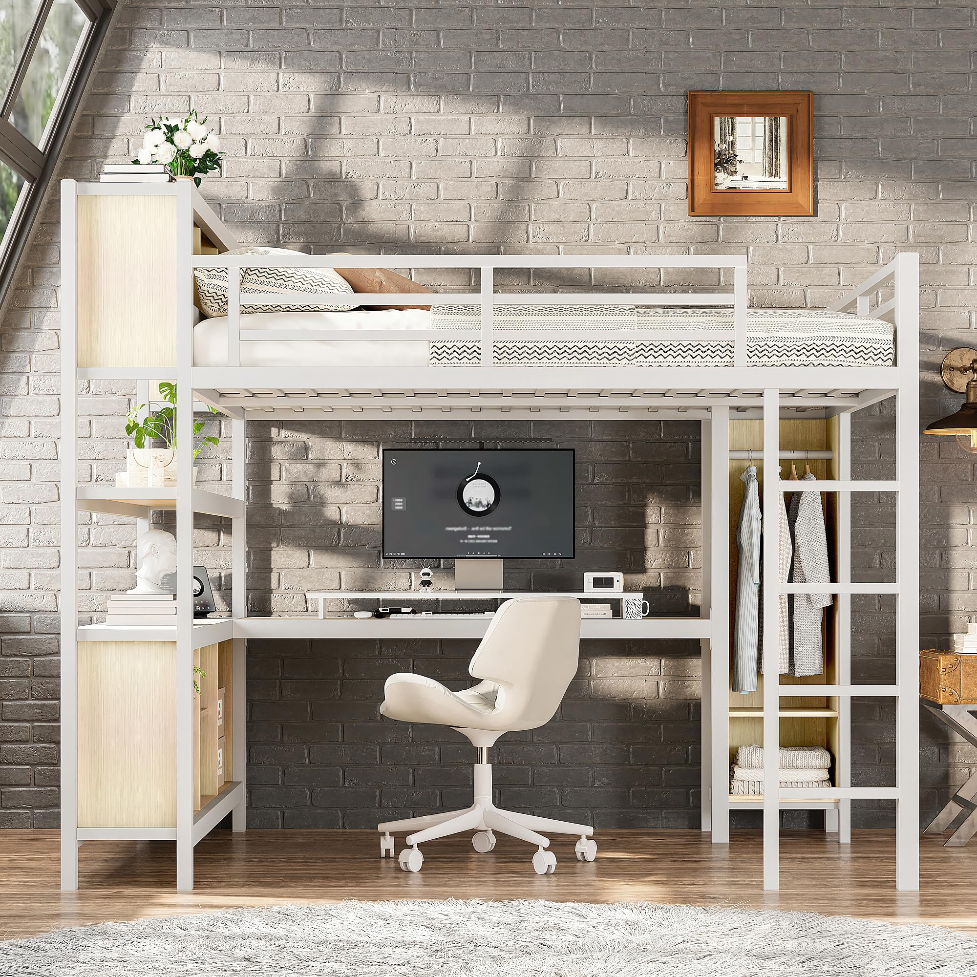 Bellemave Queen Loft Bed with Desk & Wardrobe, Heavy Duty Metal Loft Beds with Storage Shelves, Space Saving Loft Bed Queen Size with Safety Guard, White Wood Grain
