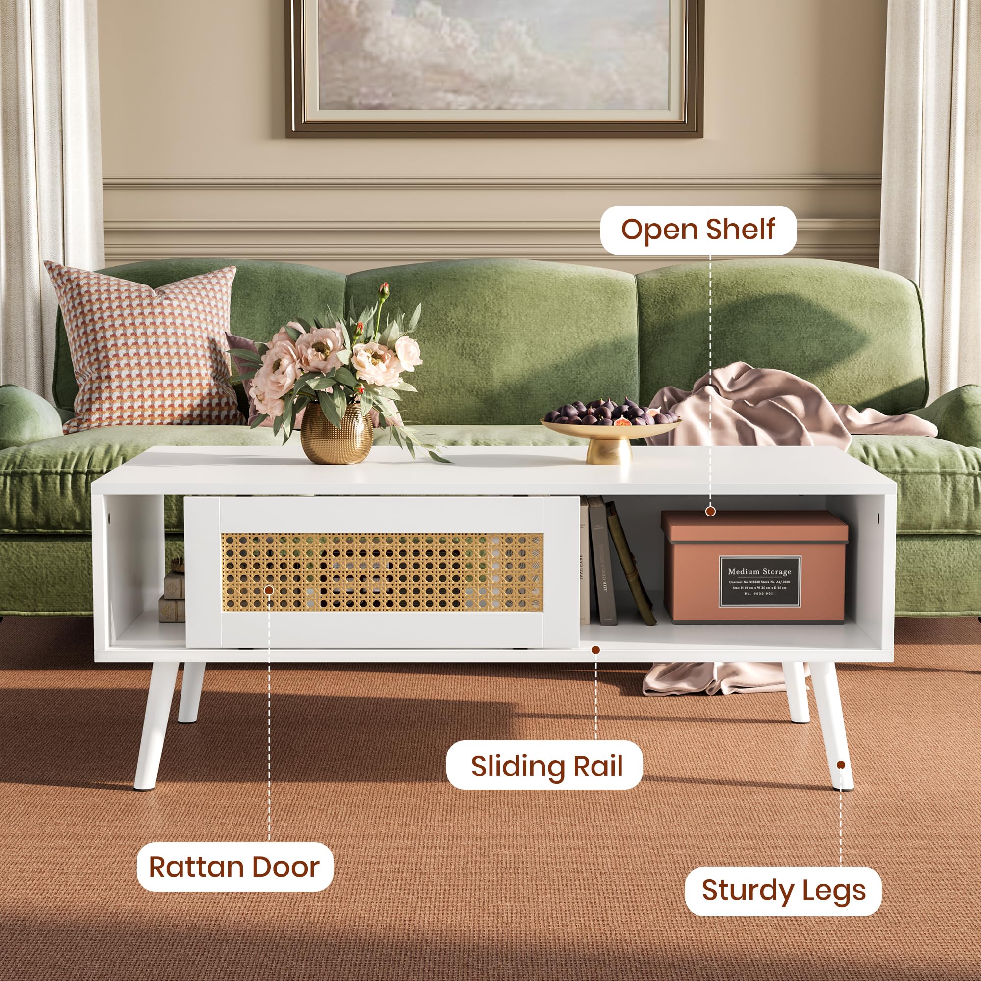IDEALHOUSE Living Room Table Sets of 2, Includes 47" Rattan TV Stand Storage Cabinet for 55" TV, Farmhouse Coffee Table with Storage Shelf for Bedroom
