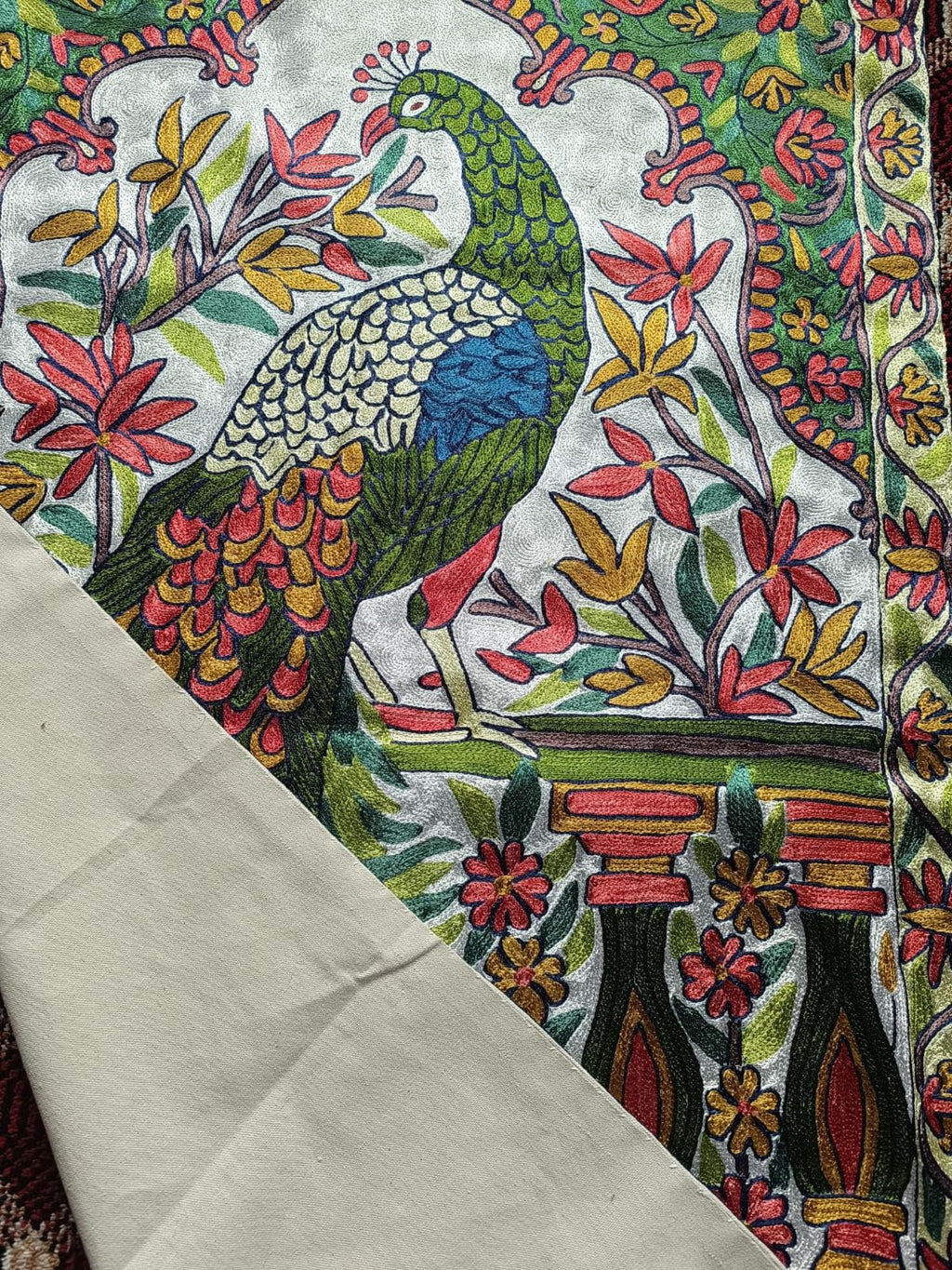 Kashmir Handmade Chain Stitch Peacock Wall Tapestry, Silk and Cotton on Canvas, 2.5 x 4 ft, Multicolor Floral Design Pack of 01