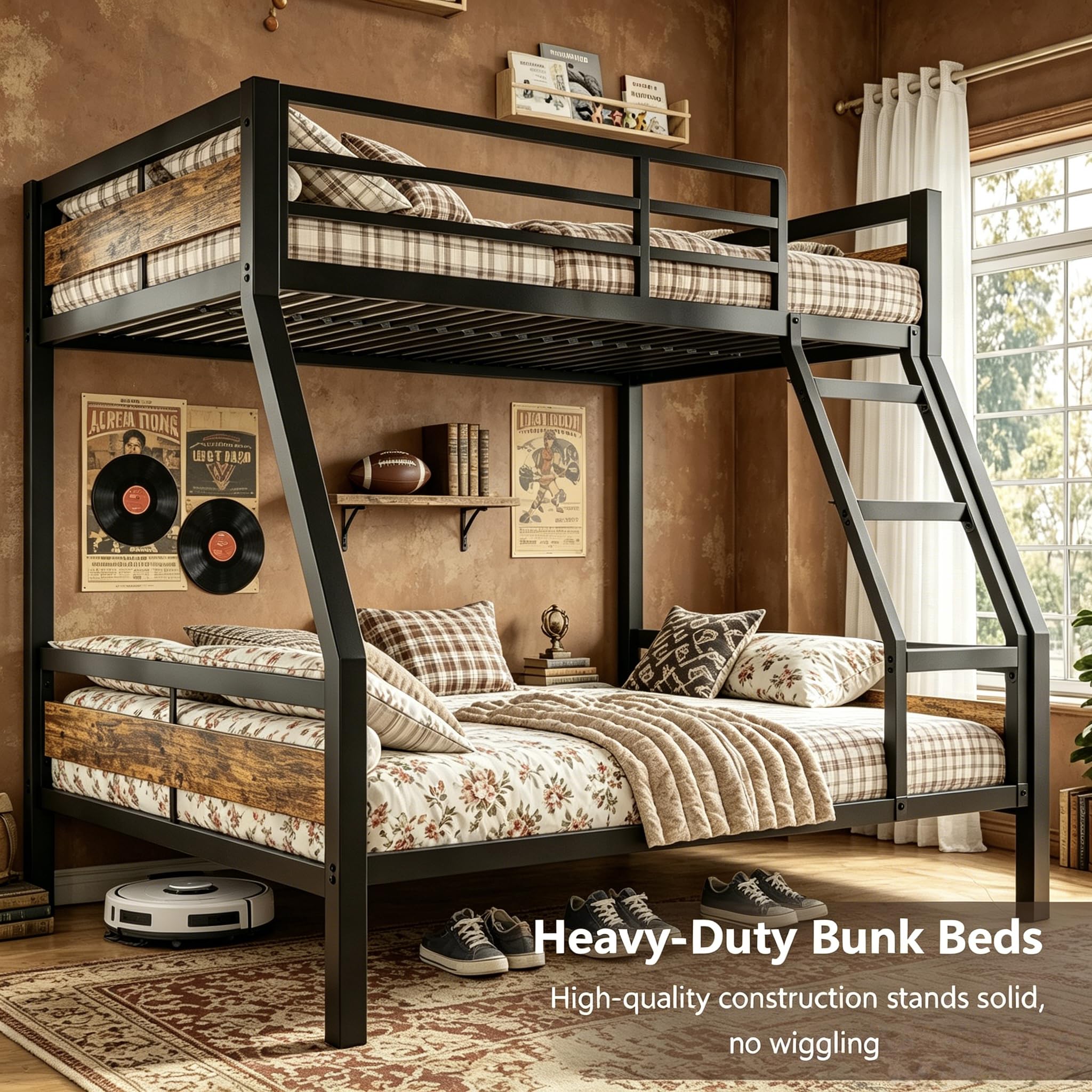 nesture. Bunk Bed Twin Over Full, Heavy Duty Metal Bunkbeds with Full-Length Guardrail, Space-Saving Steel Bed for Kids & Adults, No Box Spring Required, Rustic Brown