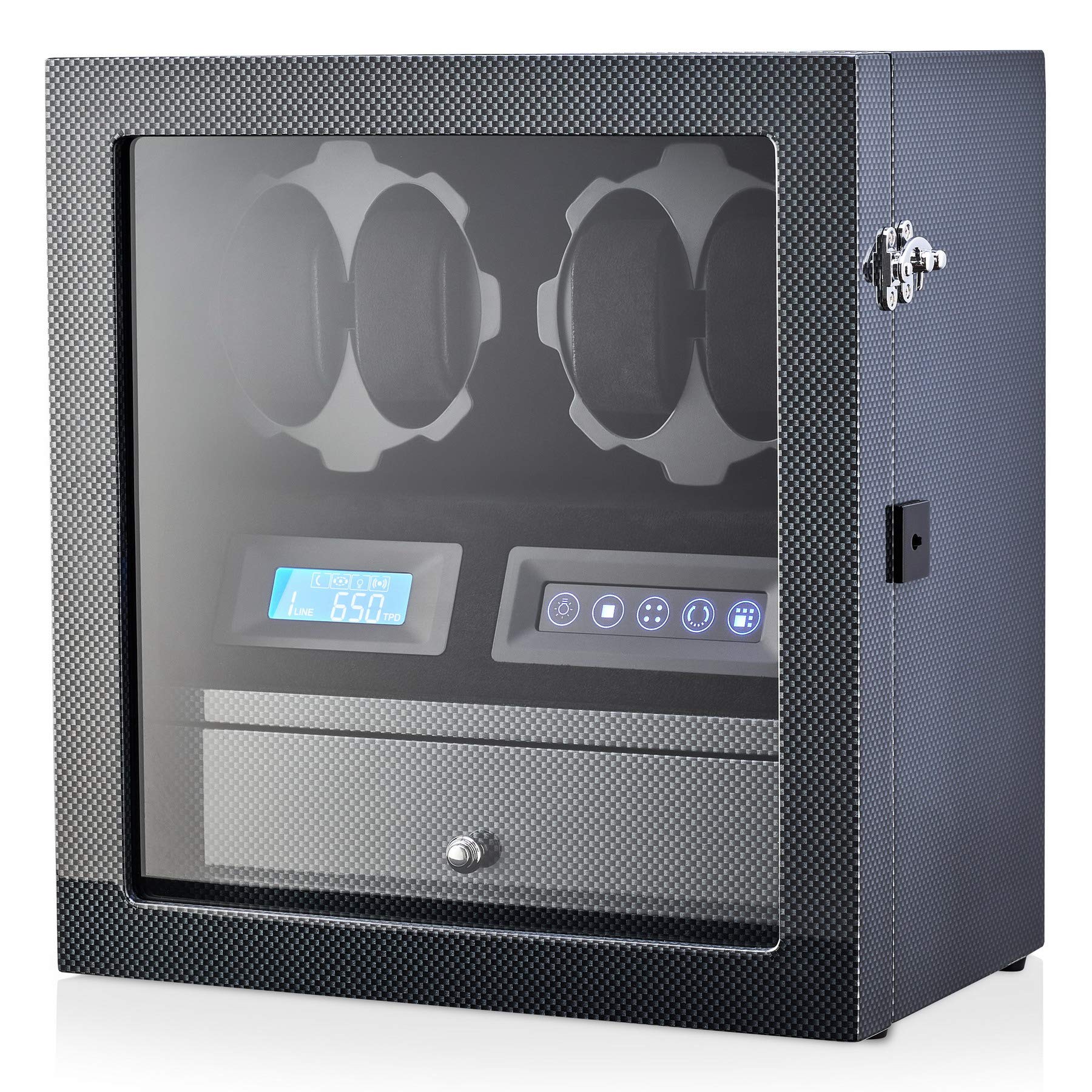4 Watch Winder with 5 Watch Storage Space, LCD Display, Touch Control and Interior Light (Carbon + Black Velvet)