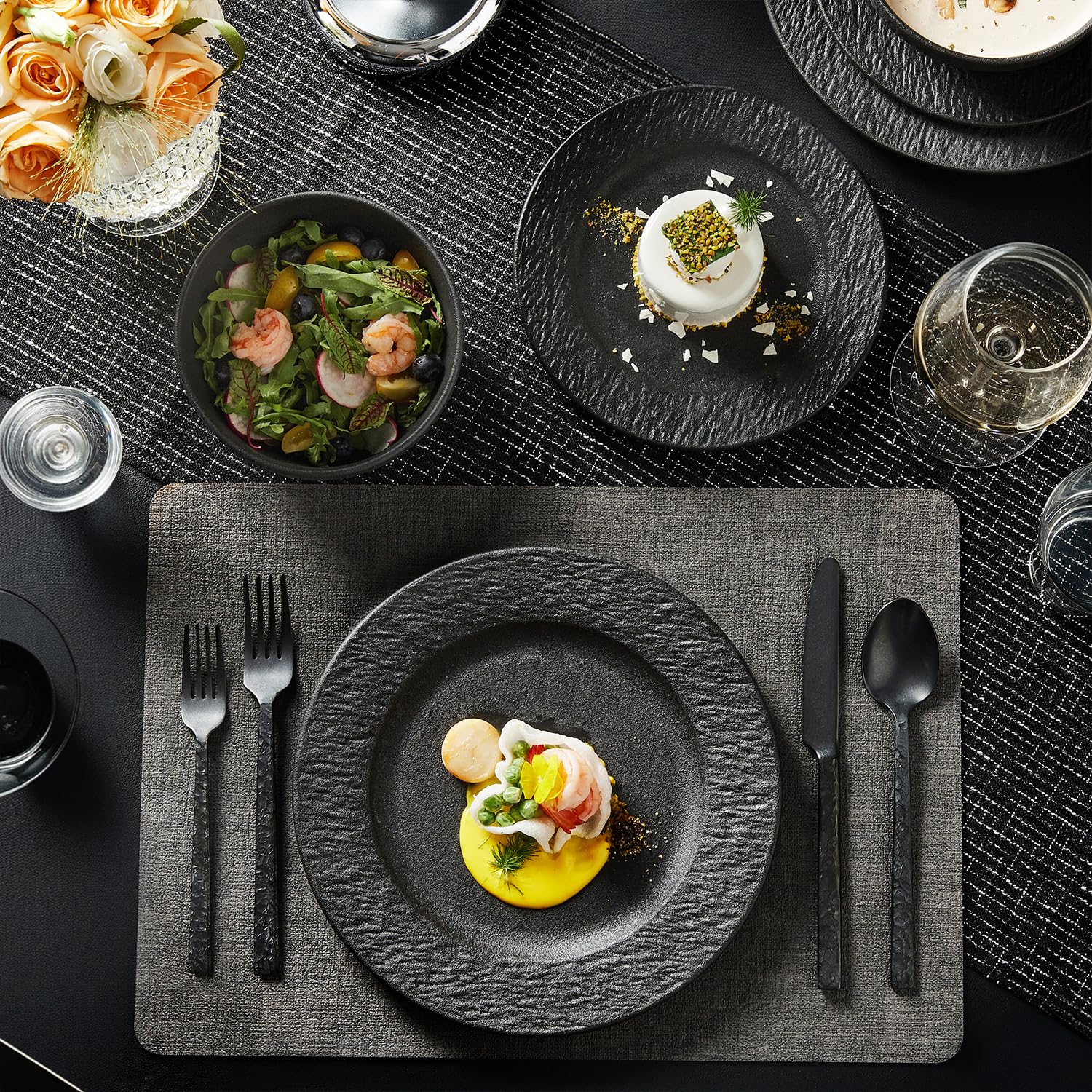 KINGSTONE Black Dinnerware Sets, 24-Piece Matte Marble Pattern Premium Porcelain, Place Setting with Dinner Plate, Salad Plate, Pasta Bowl, Microwave and Dishwasher Safe