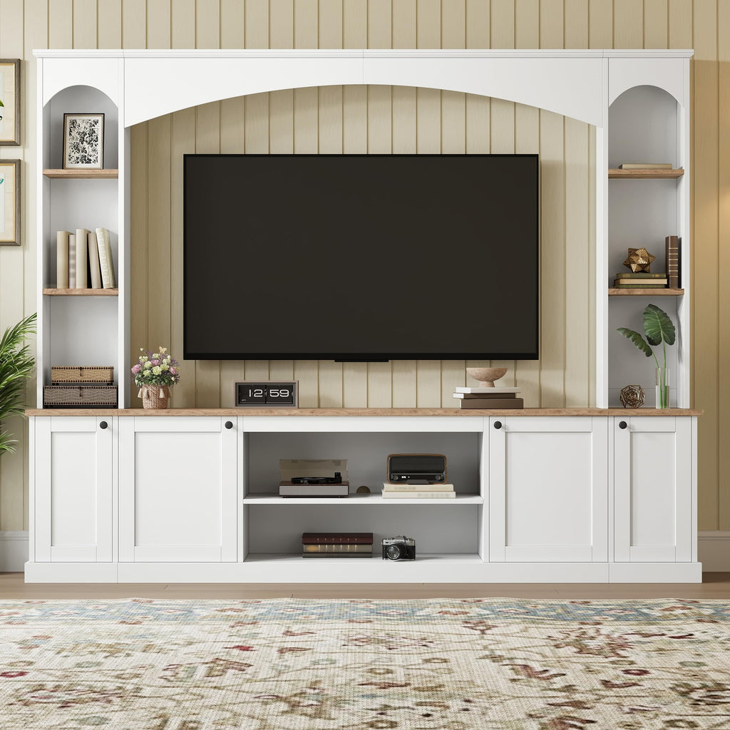 Merax Elegant Arched Entertainment Center Wall Unit with Bookshelf, Minimalism TV Stand for Televisions up to 70", Mid-Century Media Console with Adjustable Shelves for Living Room, White