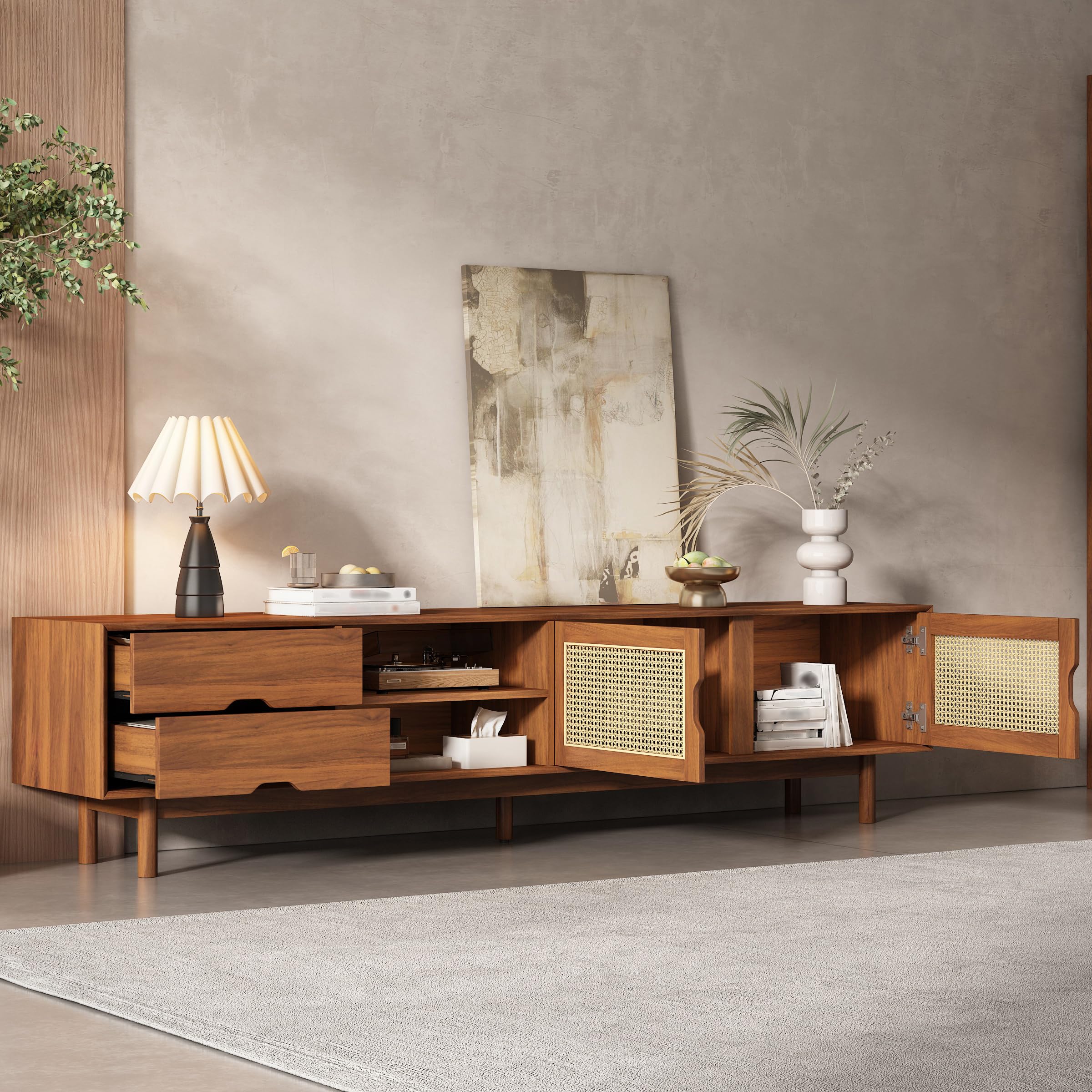 Merax Rattan TV Stand 78 Inch for 85 Inch TV, Modern Media Console with 2 Drawers, Wood Entertainment Center with Solid Wood Legs for Living Room