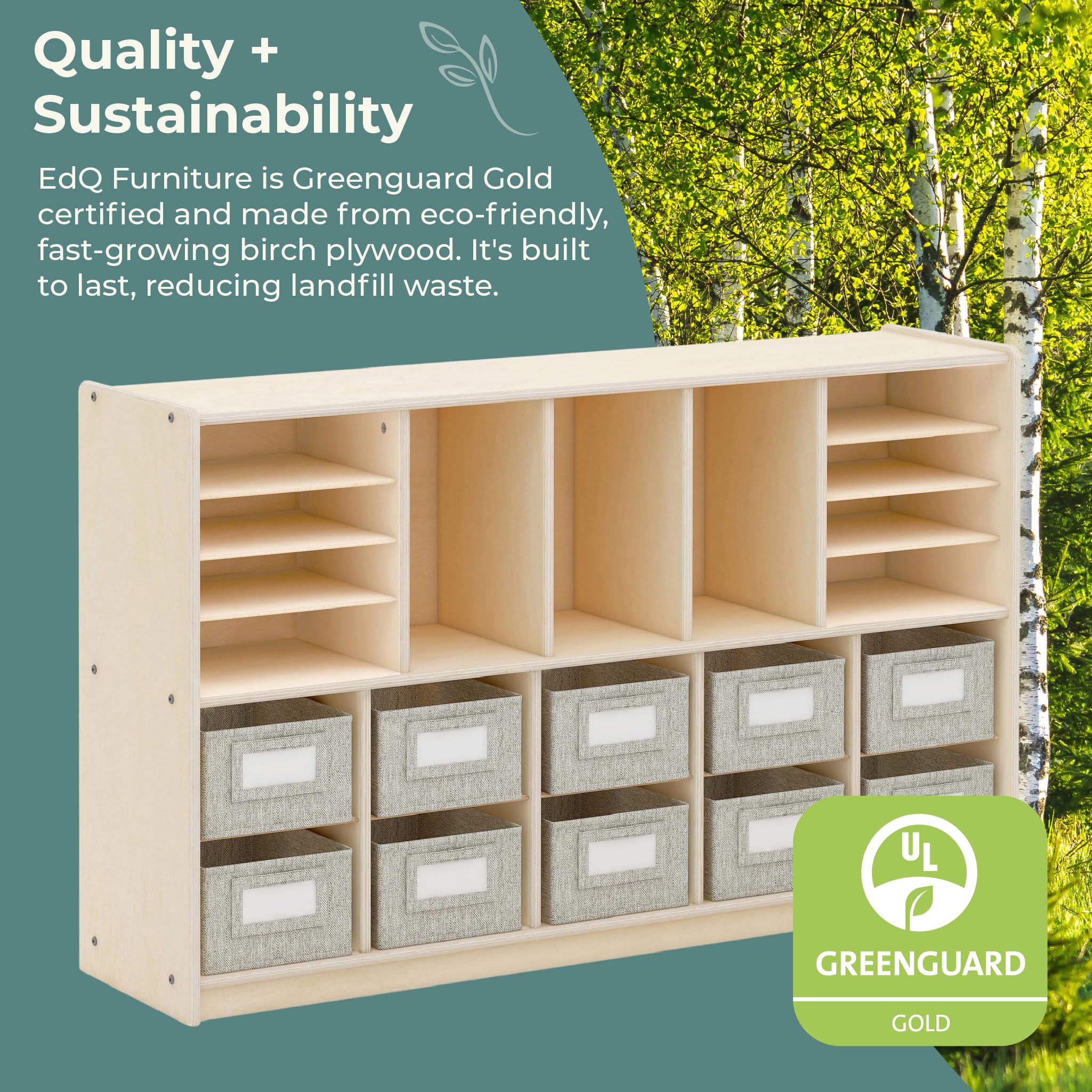 Guidecraft EdQ Shelves and 10 Bin Storage Unit- Natural: Multi-Functional Cube Storage Organizer or Bookcase, Wooden Cabinet for School and Home, Teacher's Book Cubby and Toy Shelf