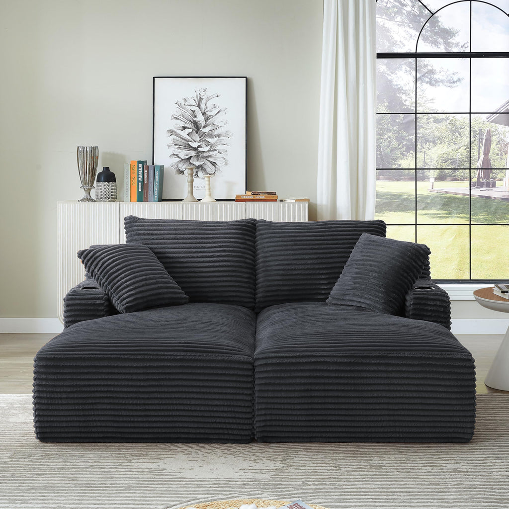 Eafurn Oversized Double Chaise Lounge Indoor with Cup Holders & Side Pocket, 71" Plush Corduroy Boneless Chaise Lounge Sofa with High Density Sponge & Deep High Seat Comfy Sleeper Couch Bed
