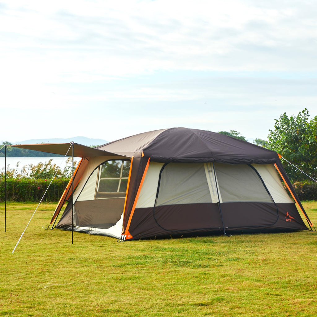 KTT Extra Large Tent 12 Person,Family Cabin Tents,Awning,2 Rooms,4 Doors and 4 Windows with Mesh,Straight Wall,Waterproof,Double Layer,Big Tent for Outdoor,Picnic,Camping,Family Gathering(Brown)
