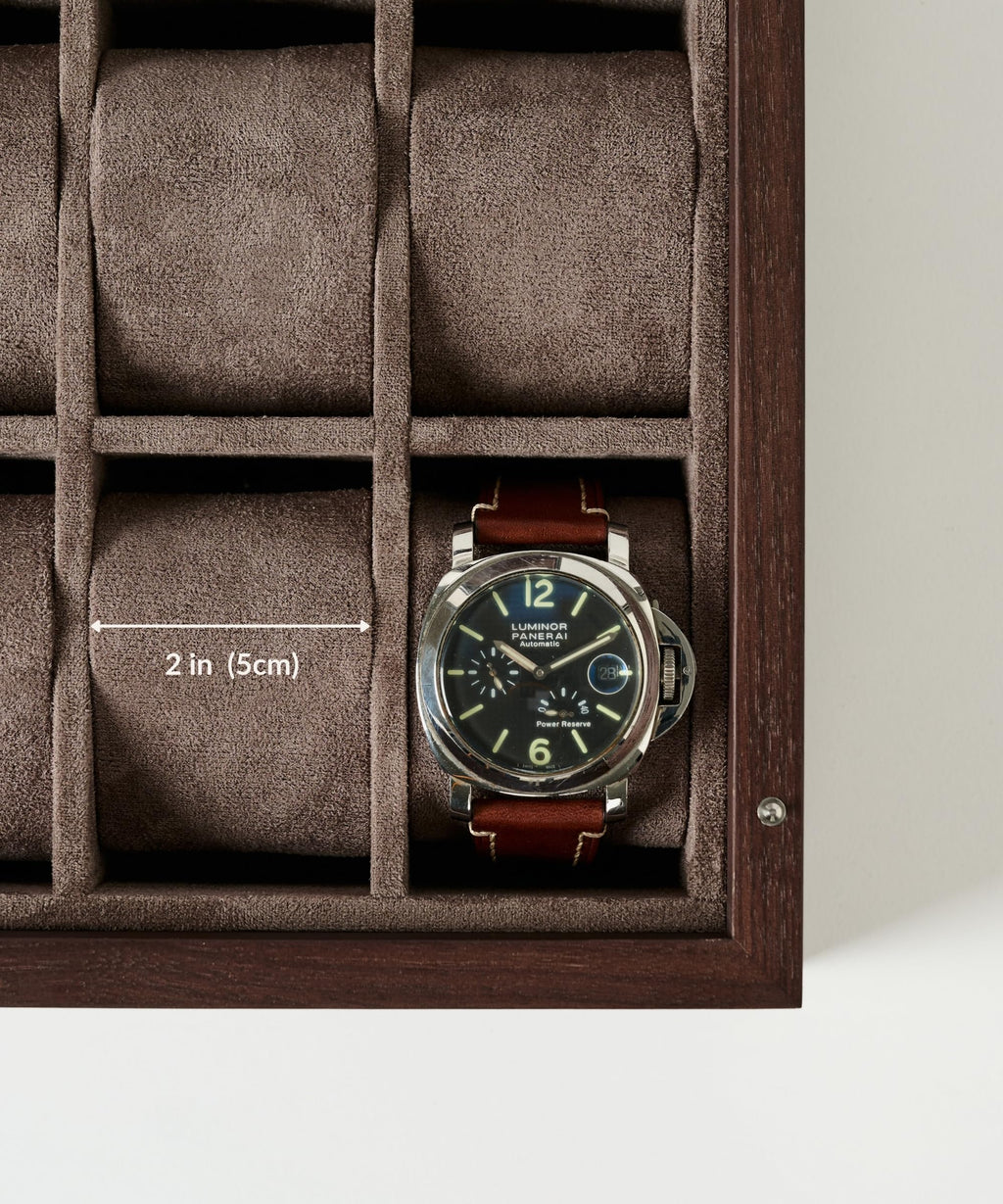 TAWBURY Wooden Watch Case - 12 Slot Wood Watch Box for Men & Women with Protective Fully Lined Interior and 2-inch Wide Pillows for Small & Large Watches (Dark Walnut)