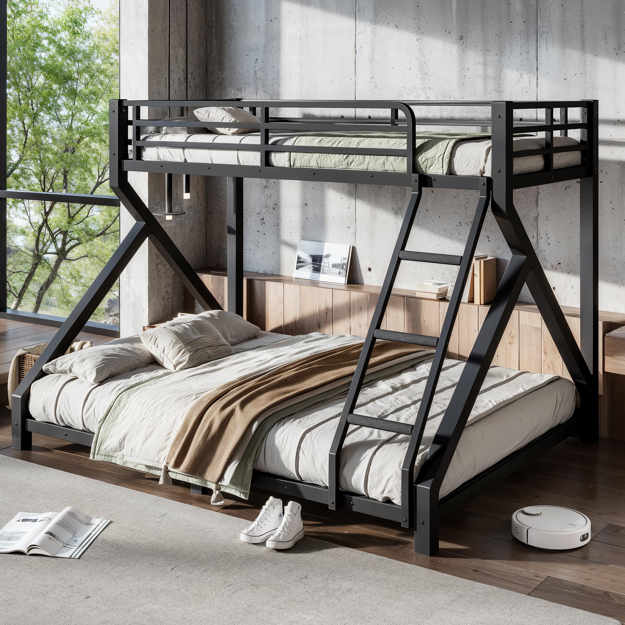 Bellemave Twin XL Over Queen Bunk Bed Frame with Noise Reduced Design, Low Profile Bunk Bed with Ladder and Fence, Heavy Buty Bunk Beds for Adults, Teens