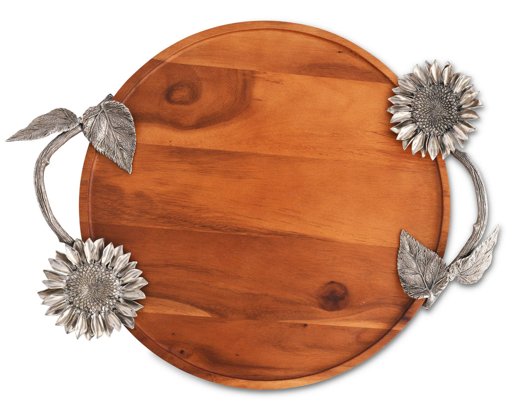 Vagabond House Acacia Wood Serving Tray with Pewter Sunflowers Handles Serving Cheese Drinks 18 inch Diameter