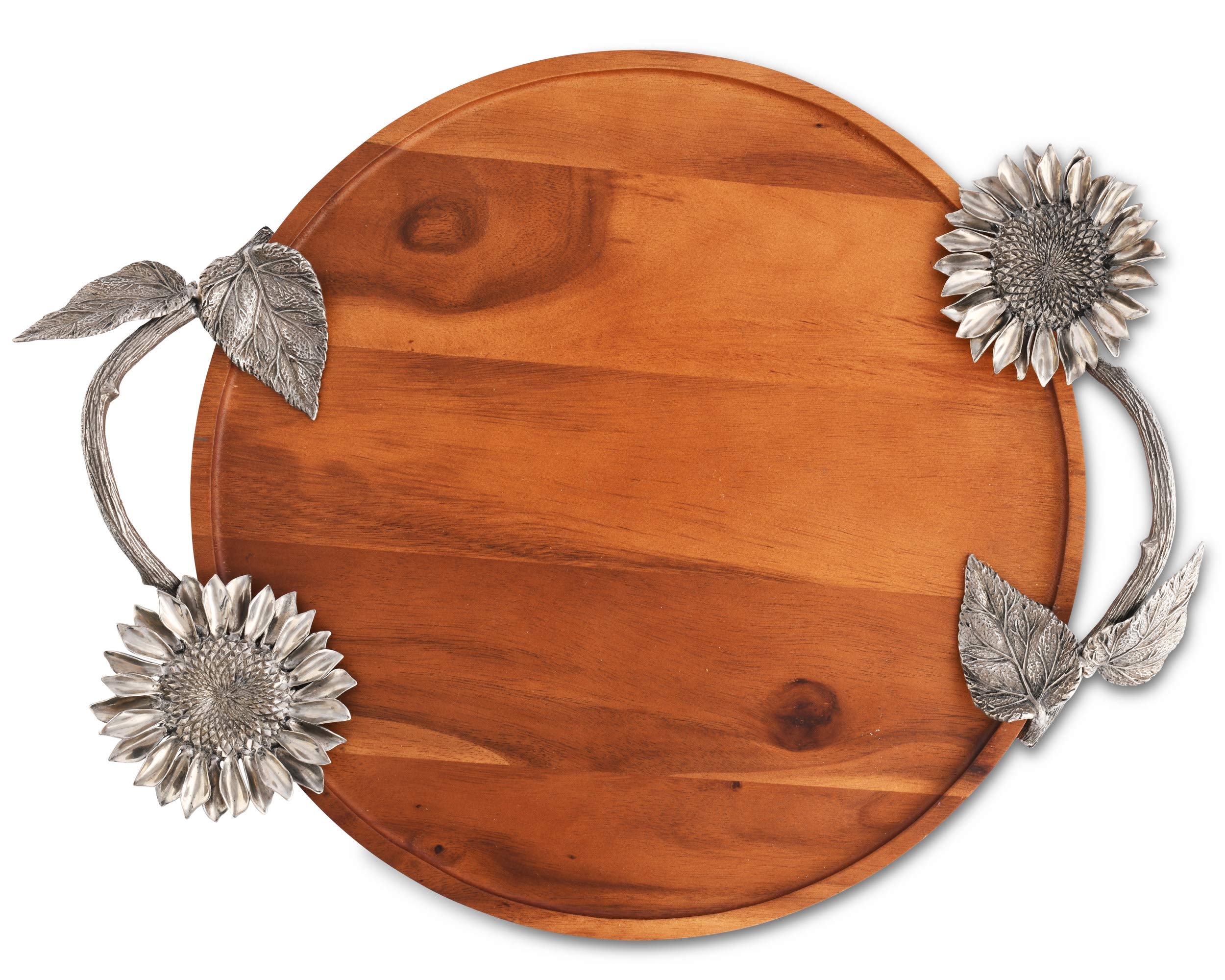 Vagabond House Acacia Wood Serving Tray with Pewter Sunflowers Handles Serving Cheese Drinks 18 inch Diameter