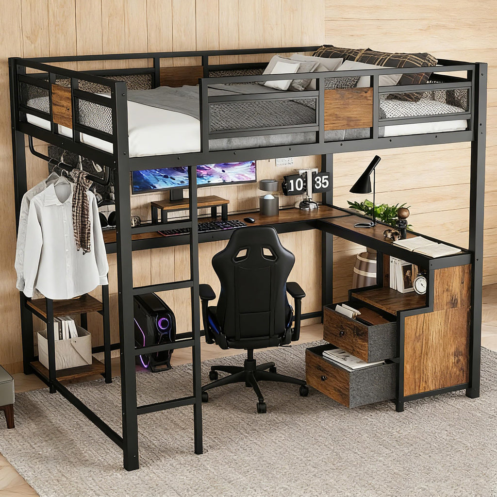 Bellemave Metal Queen Size Loft Bed with Desk and Non-Woven Fabric Drawers,Heavy Duty Loft Bed Frame with Clothes Rack and Storage Shelves for Kids,Teens,Adults, Space Saving,Black