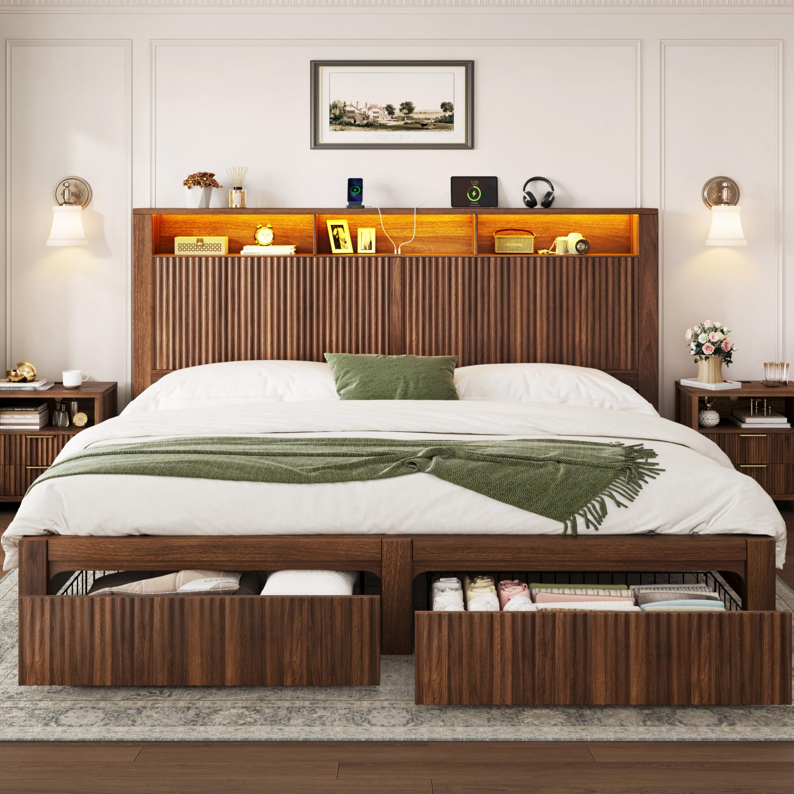 CypBed King Size Bed Frame and Headboard& 2 Storage Drawers, King Bed Frame with LED Light and Charging Port, Farmhouse Wavy Design, Wood & Metal Platform, Noise-Free, No Box Spring Needed, Walnut