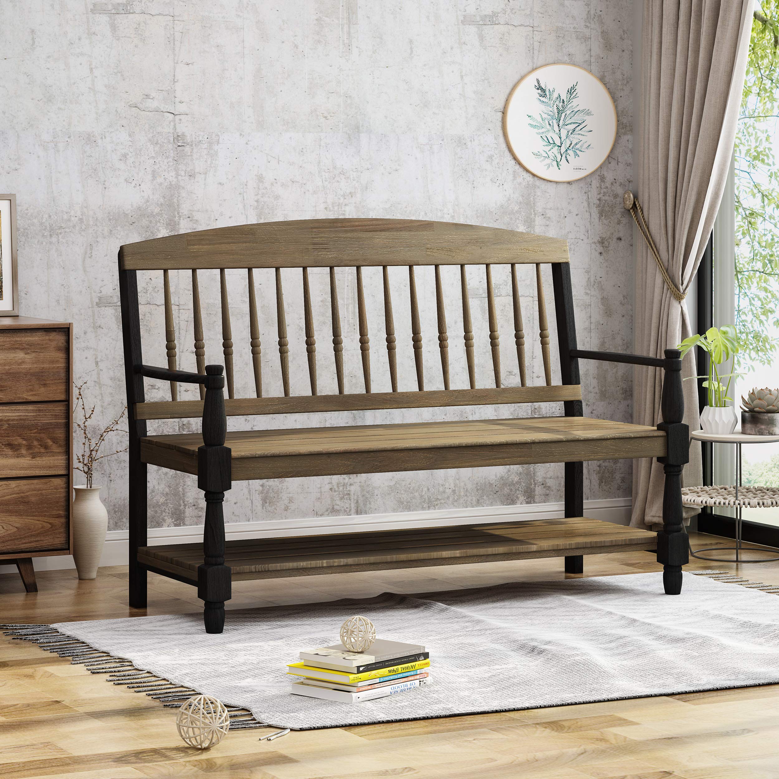Christopher Knight Home Eddie Indoor Farmhouse Acacia Wood Bench with Shelf, Gray and Black Finish