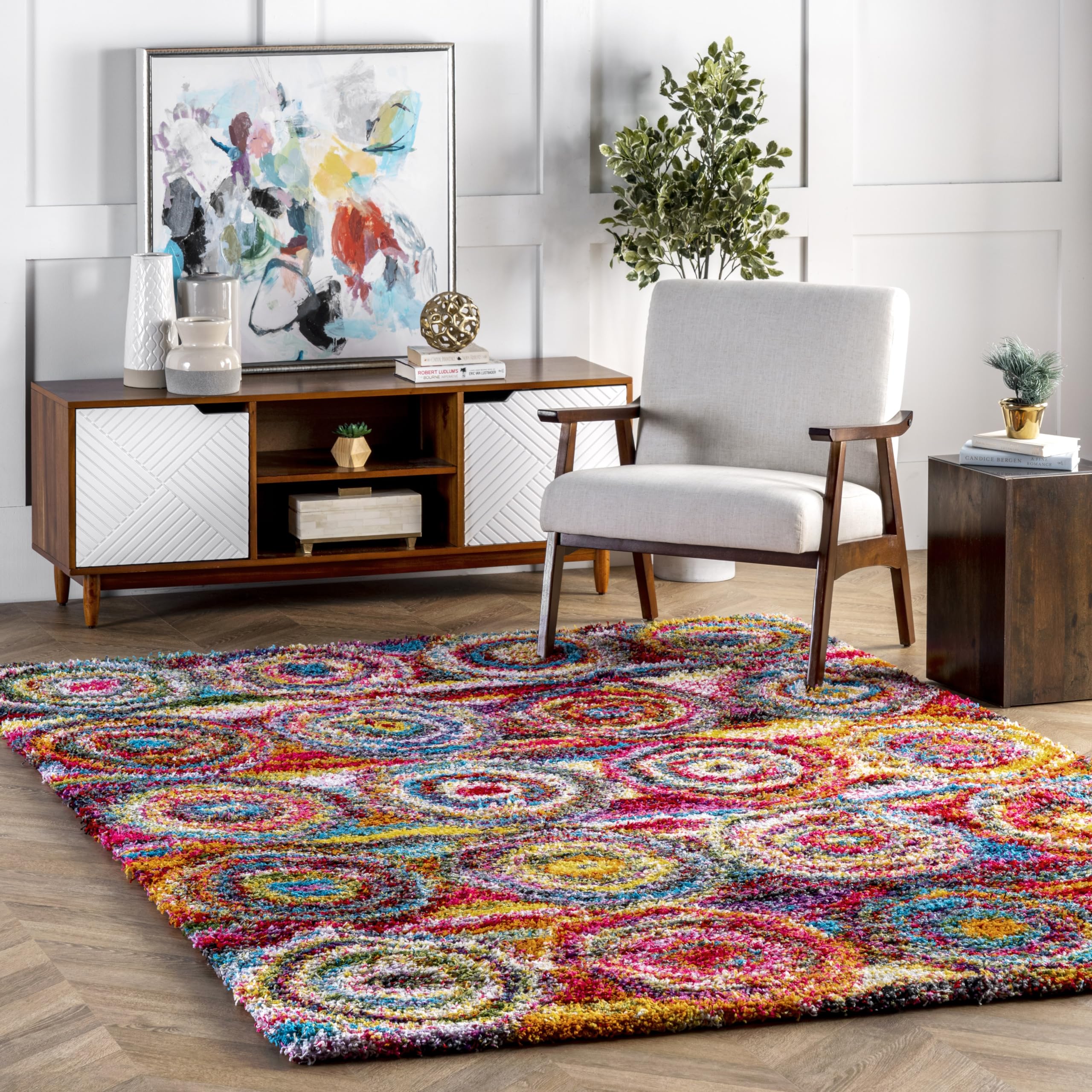 Nuloom Kindra Multicolor/Red, 7'10" Square, Bohemian Circles, Soft and Cozy, High Traffic, Stain Resistant, Easy Clean, Durable Area Rug for Bedroom, Living Room, Dining Space, Den, Foyer, Entryway