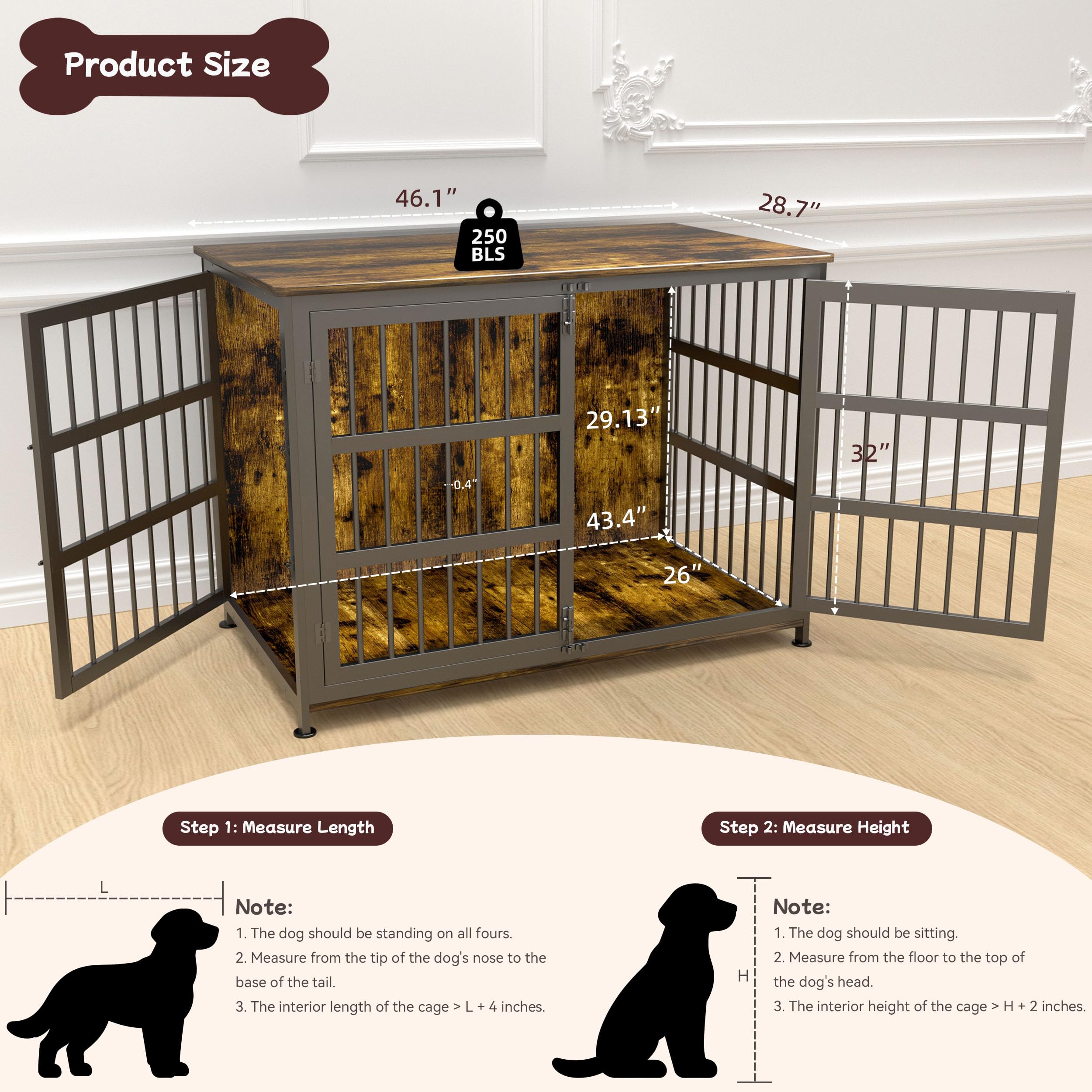 CABZOON 46'' Dog Crate Furniture Large Breed Dog Crate Dog Kennels for Inside Wooden Dog Crates End Table Heavy Duty Indoor Combination Cage for Medium to Large Dogs Walnut