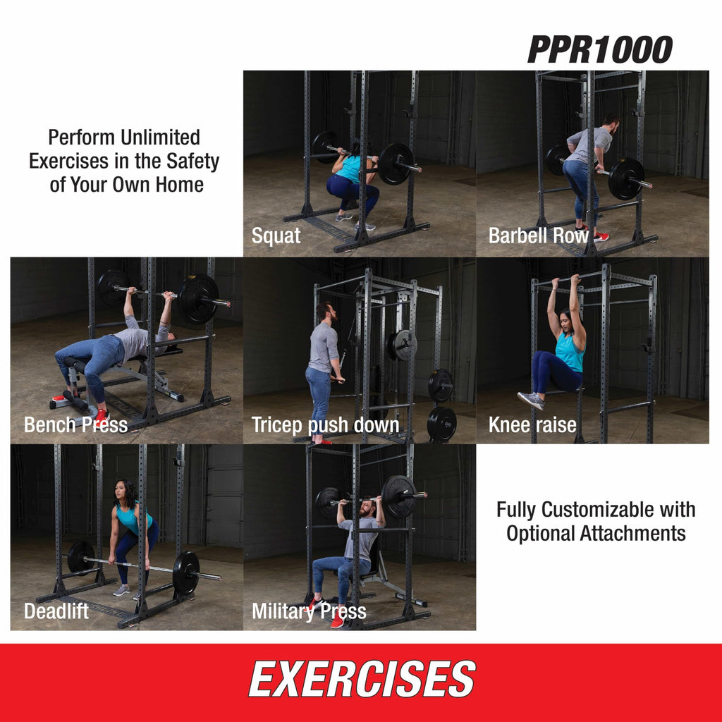 Body-Solid Powerline (PPR1000) Power Rack - Steel Frame Squat Cage with J-Cups and Safety Pipes for Home Gym Strength Training
