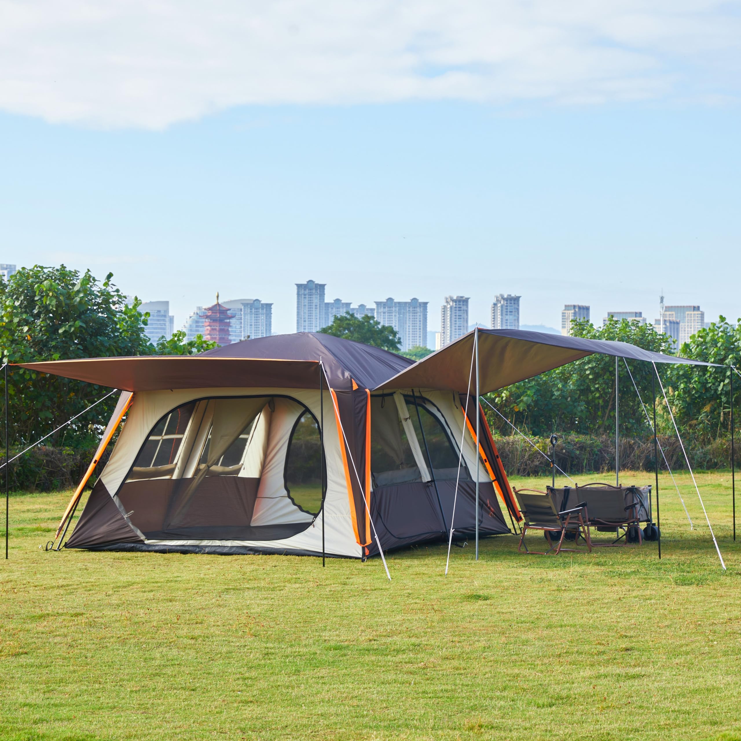 KTT Extra Large Tent 12 Person,Family Cabin Tents,Awning,2 Rooms,4 Doors and 4 Windows with Mesh,Straight Wall,Waterproof,Double Layer,Big Tent for Outdoor,Picnic,Camping,Family Gathering(Brown)