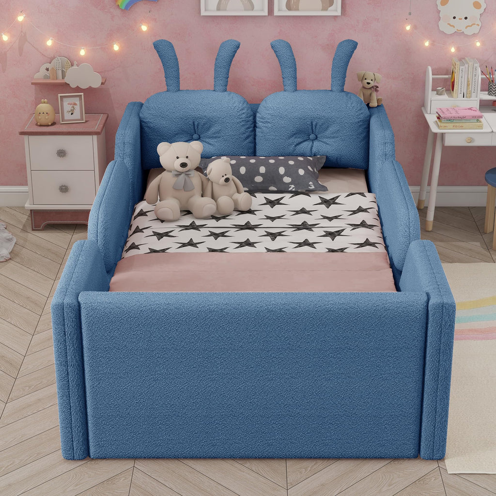 KEIKI Twin Size Upholstered Platform Bed, Kids Floor Bed Frame with Rabbit Shaped Cushion, Cute Bed Frames Twin for Boys Girls, Safety Rails & Wooden Slat, No Box Spring Required, Easy Assembly, Blue