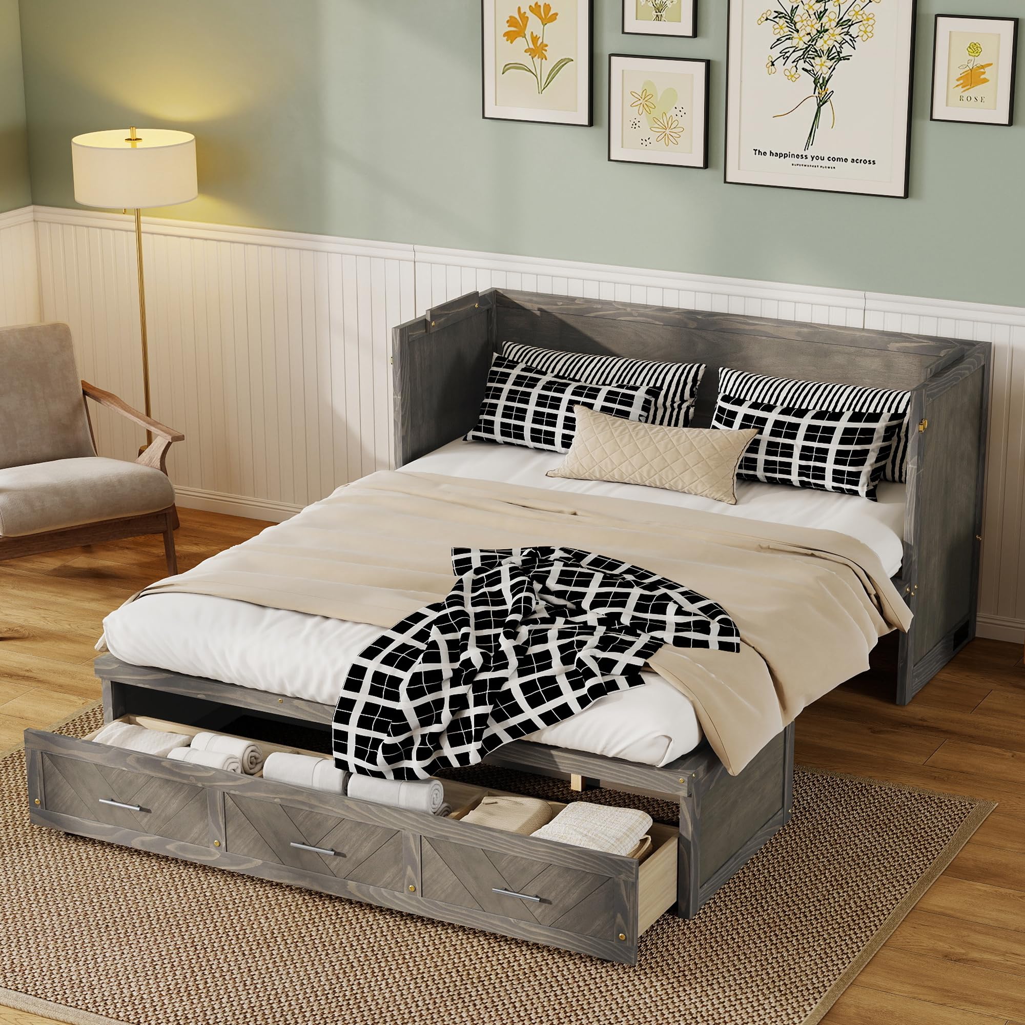 DNYN Queen Size Murphy Bed with Storage Drawer and Built-in Charging Station for Bedroom/Guest Room, Space-Saving Foldable Pine Wood Cabinet Bed with USB Ports, No Box Spring Needed