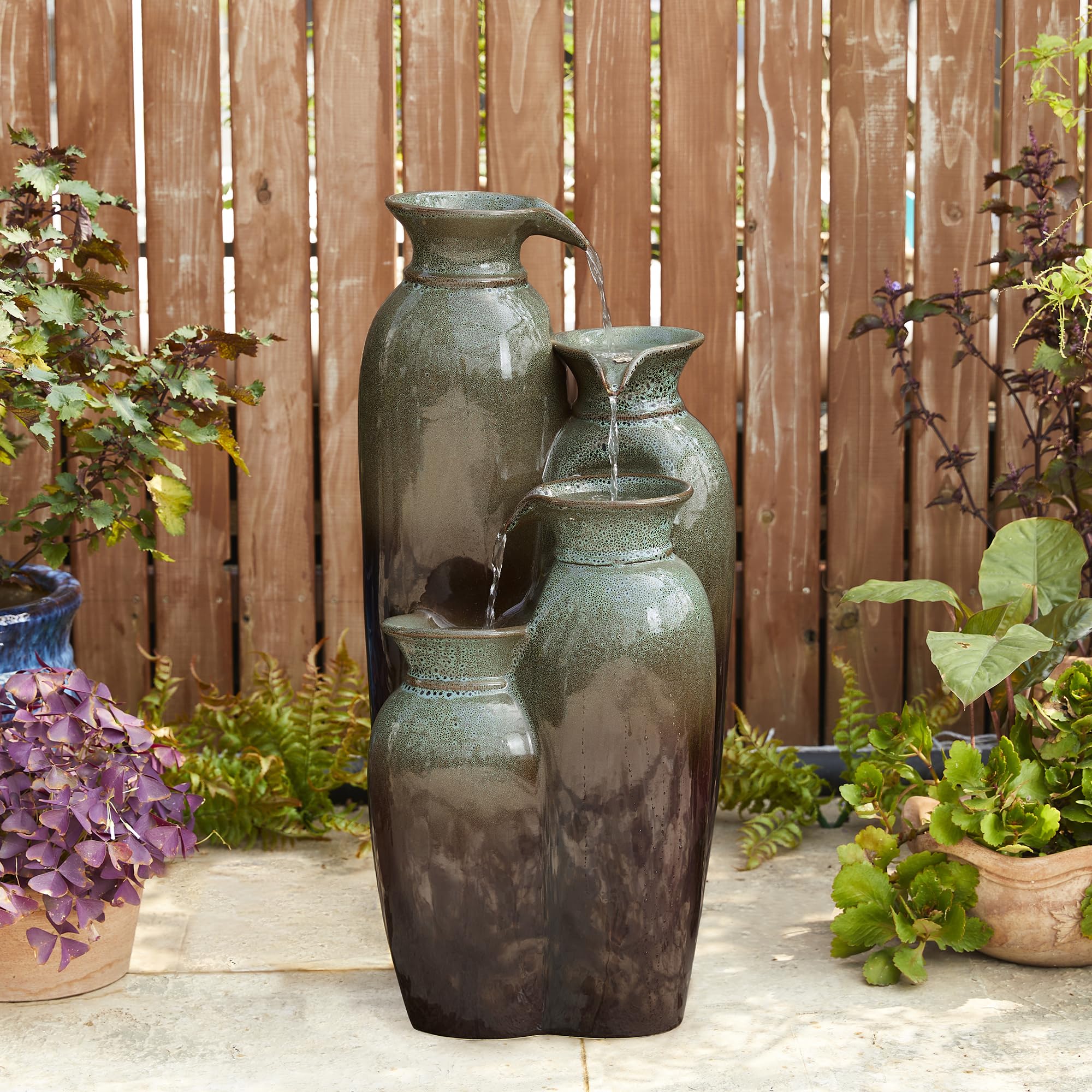 Glitzhome 30.75" H Vase Ceramic Outdoor Water Fountain with LED Lights and Pump, 4-Tier Olive Green and Brown Reactive Glaze Cascading Pots Standing Fountain for Porch Deck Garden Patio Backyard